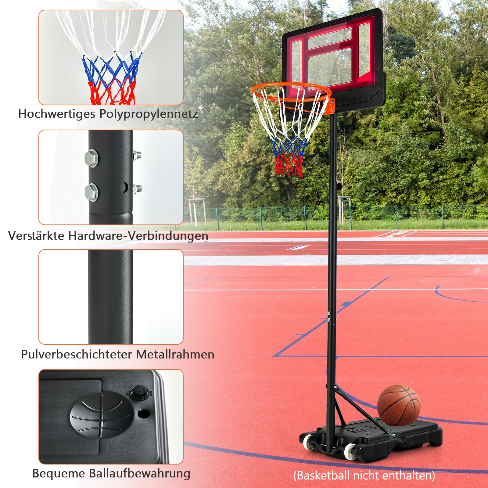 GOPLUS Basketbalkorf, outdoor, voor kinderen en jongeren, 90-210 cm mandhoogte verstelbaar, basketbalstandaard, draagbaar met wielen, basketbalkorf met standaard en 76 x 50 cm achterwand (rood
