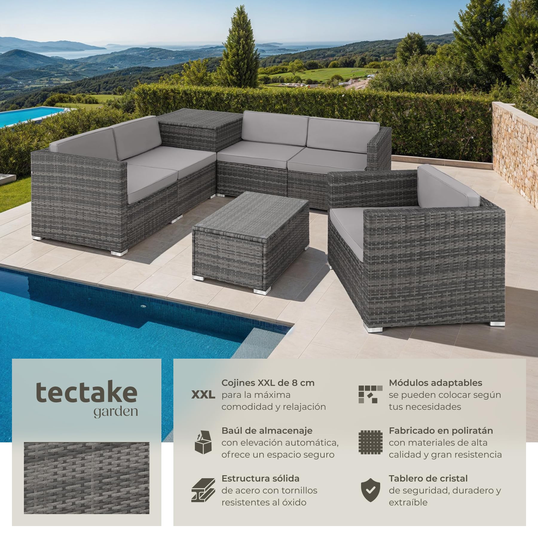 tectake® Conjunto Jardín de Ratán, Muebles Jardín Exterior 5 Sillones, 1 Mesa con Cristal, 1 Caja Almacenamiento, Conjunto Terraza Resistente a la Intemperie, con Cojines, Estructura en Acero - Gris