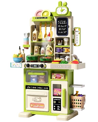 33.8IN Kids Kitchen Playset, 63PCS Kid Play Kitchen with Realistic Lights & Sounds, Spray Sink Toy Kitchen Accessories, Pretend Food Toys Kitchen for Boys Girls Toddlers(Green)