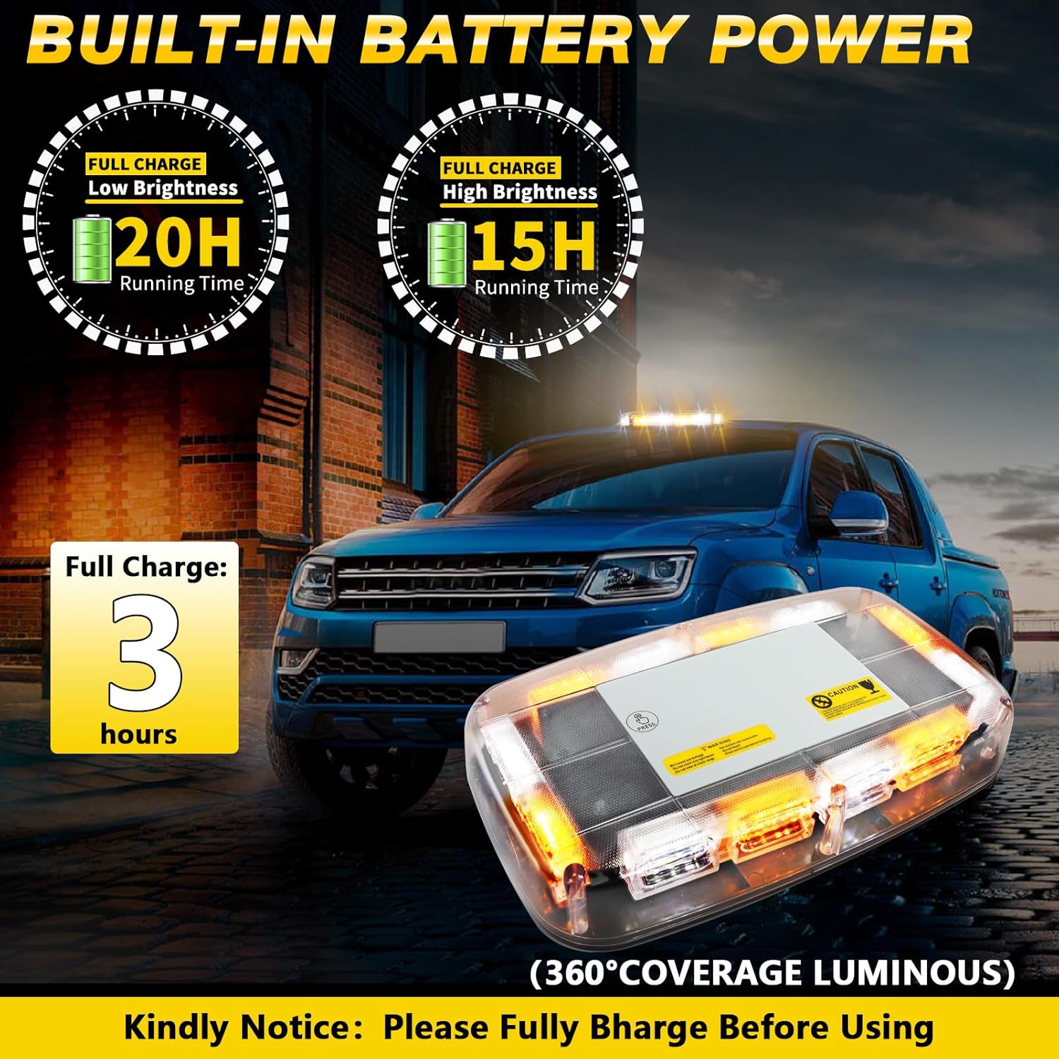 Rechargeable Amber White Emergency Roof Top Strobe Light Wireless Battery, 17 Flashing Modes,High Low Brightness, Warning Lights with Magnetic Base for Construction Vehicles, Trucks, Snow Plow