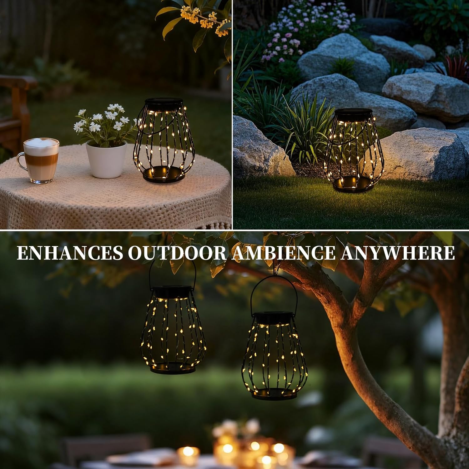 Solar Hanging Lantern Outdoor 2 Pack, Metal Cage Solar Lanterns with Warm White LED Lights, Waterproof Solar Powered Garden Decor Lights for Patio, Porch, Balcony, Yard, Outdoor Gifts