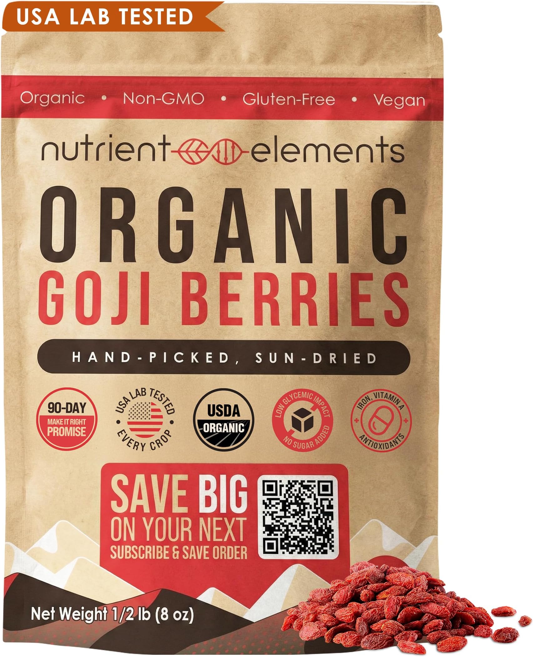Nutrient Elements Goji Berries - 0.5 lb/8 oz. Certified USDA Organic, Raw, Sun-Dried, Hand-Picked, USA Lab Tested - Resealable Bag - Extra Large Size Berries - No Additives - Free Recipe Book