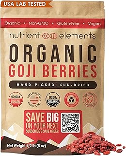 Nutrient Elements Goji Berries - 0.5 lb/8 oz. Certified USDA Organic, Raw, Sun-Dried, Hand-Picked, USA Lab Tested - Resealable Bag - Extra Large Size Berries - No Additives - Free Recipe Book