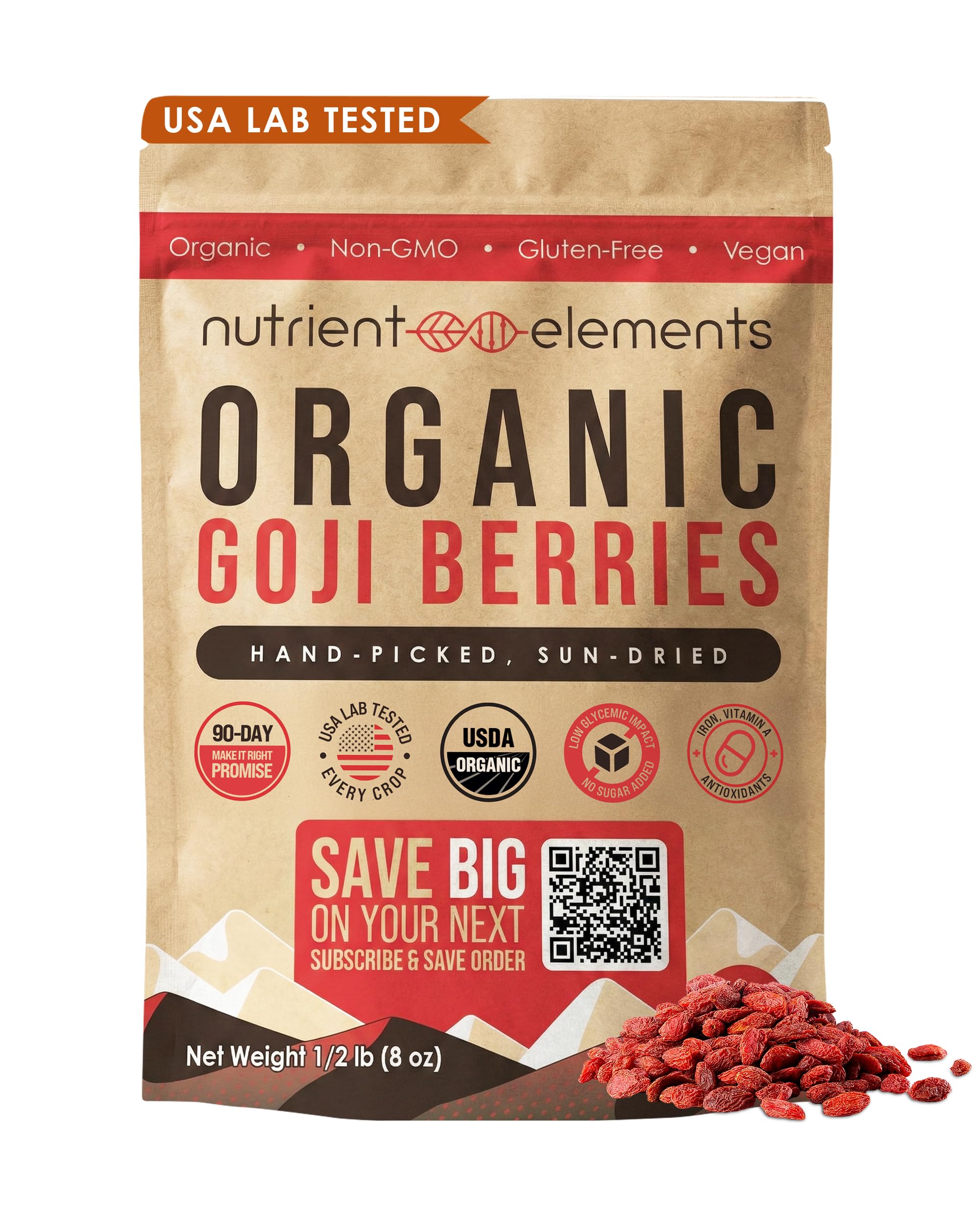 Nutrient Elements Goji Berries – 2 lb/32 oz – USDA Organic, Raw, Sun-Dried, Hand-Picked – Extra Large Dried Berries – Resealable Bag – Naturally Grown, No Additives