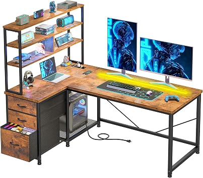 L-Shaped Gaming Desk with LED Lights & Power Outlet, Brown