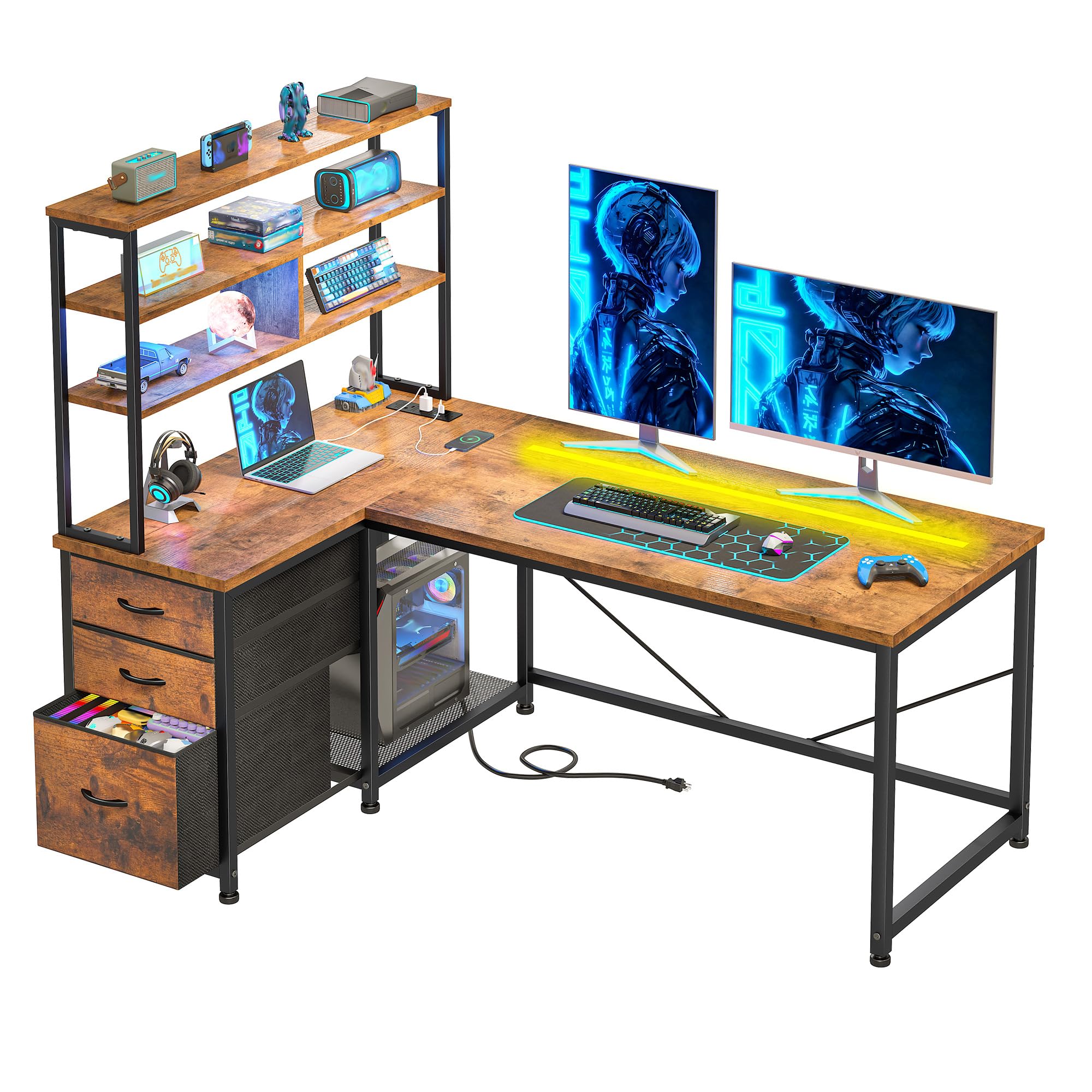 Cliporix 120×48 cm Computer Desk, Sturdy L Shaped Gaming Desk with LED Lights & Power Outlet, Reversible Brown Corner Computer Table with Desktop Shelf, Storage Drawers, CPU Stand for Students Gamers