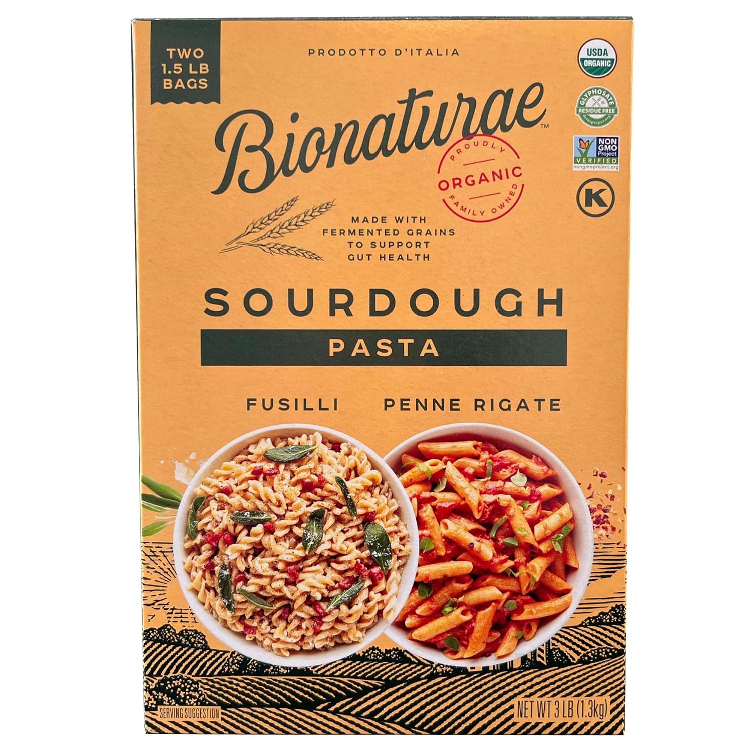 Bionaturae Organic Sourdough Penne Rigate & Fusilli Pasta Noodles - Italian Spiral Pasta, Dried Pasta Penne, Curly Corkscrew Pasta, Made with Durum Wheat, Non GMO, USDA Organic - 1.5 lb (Pack of 2)