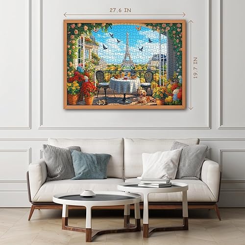 Miniatura 6 de Rompecabezas de París de 1000 piezas, rompecabezas de paisaje de flores, con pájaros, perros, gatos, mariposa, torre Eiffel, naturaleza, escénico,