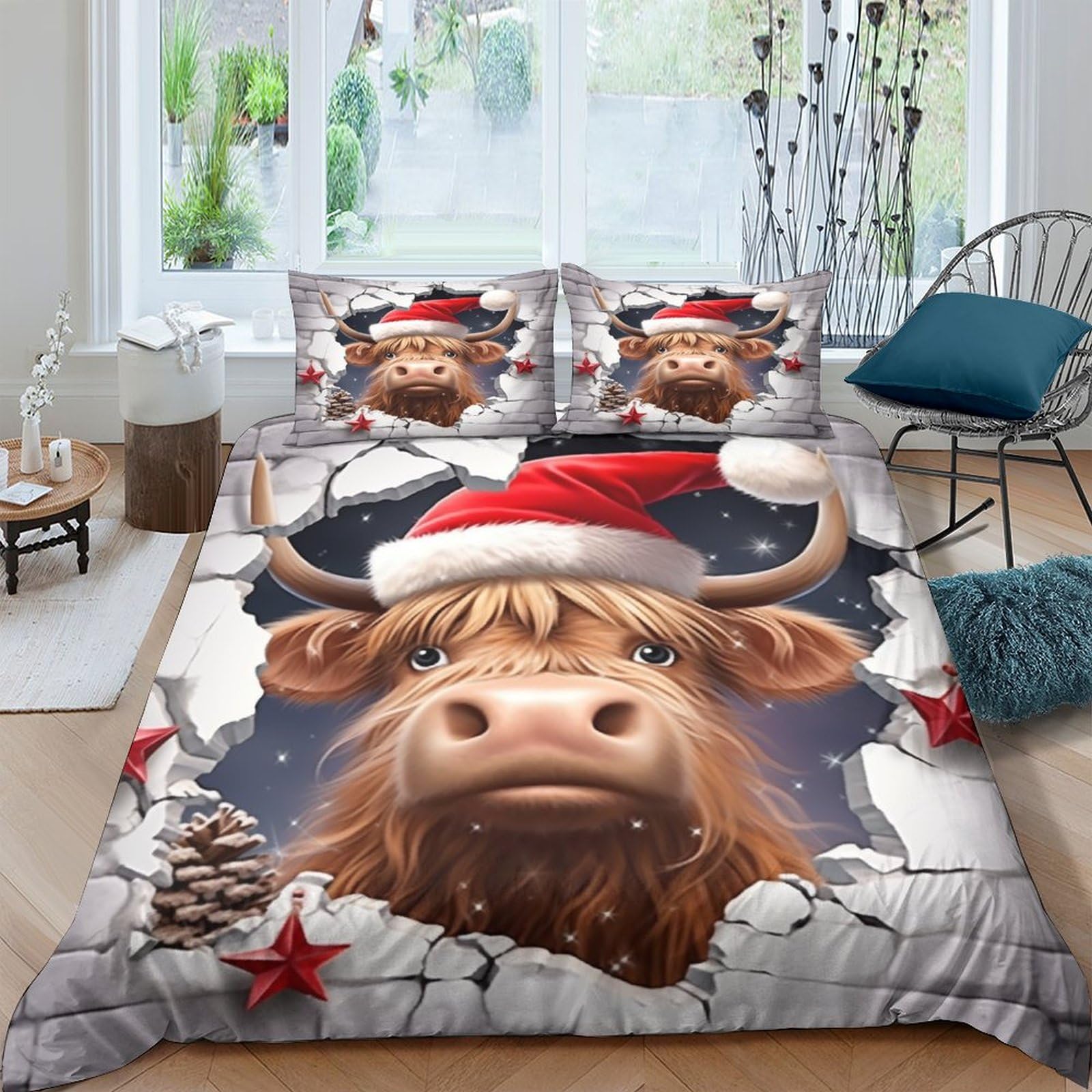 Housse de couette vache 3D King 220x240cm avec taies d'oreiller en microfibre pour lit double