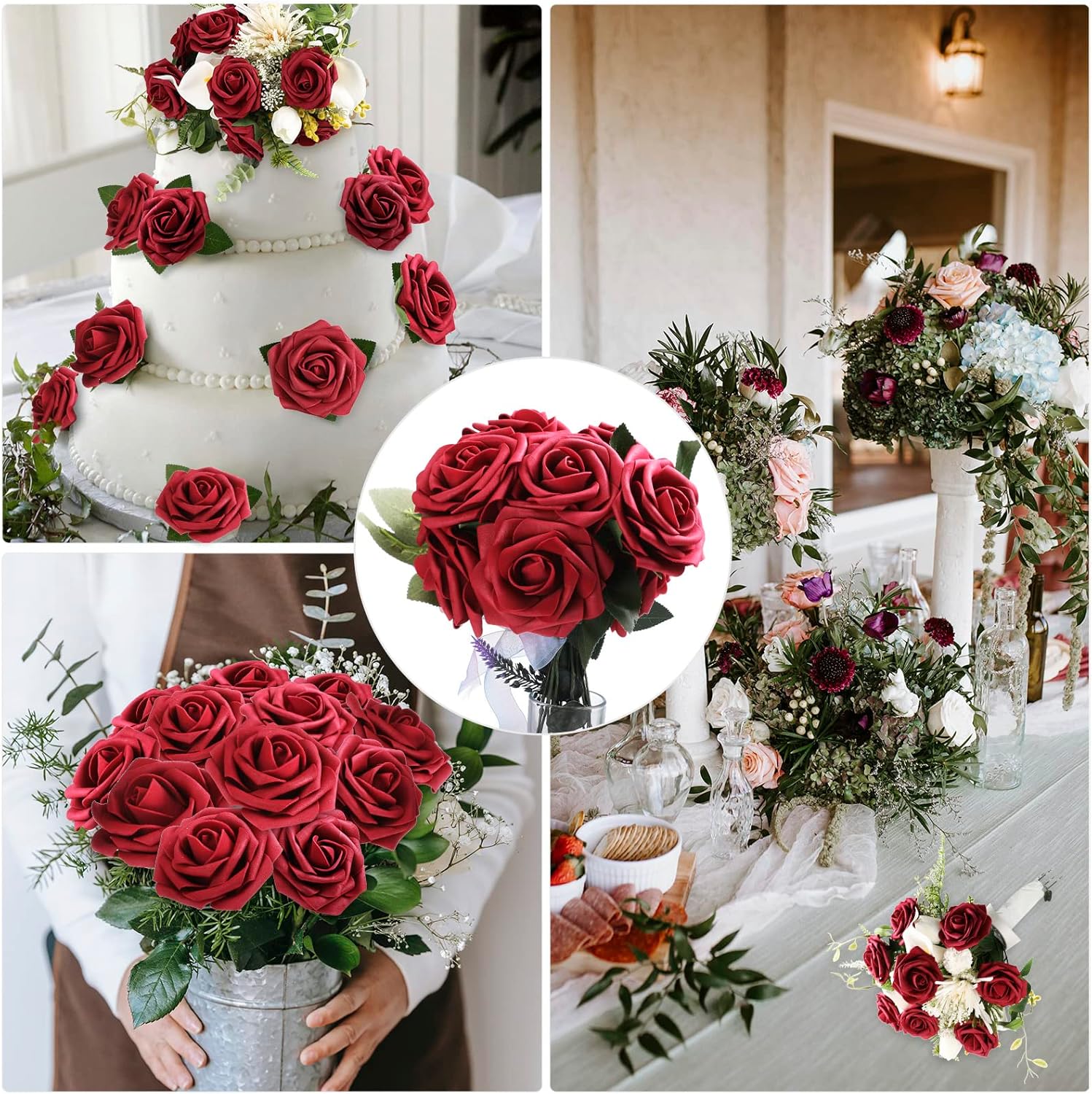 100 Pieces Artificial Foam Rose Flowers Faux Bouquet with Leaves and Stems for DIY Wedding Bouquets Centerpieces Bridal Shower Party Valentine Home Decorations(Burgundy)