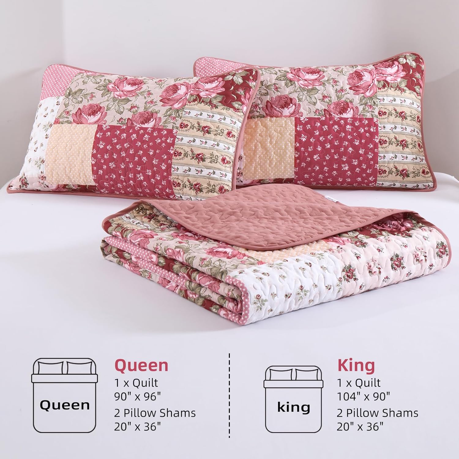 Anibedding 3Pieces Patchwork Quilts Queen Size, Bohemian Red Flower Plaid Bedspreads with Double Pillowcases for All Season - Image 7