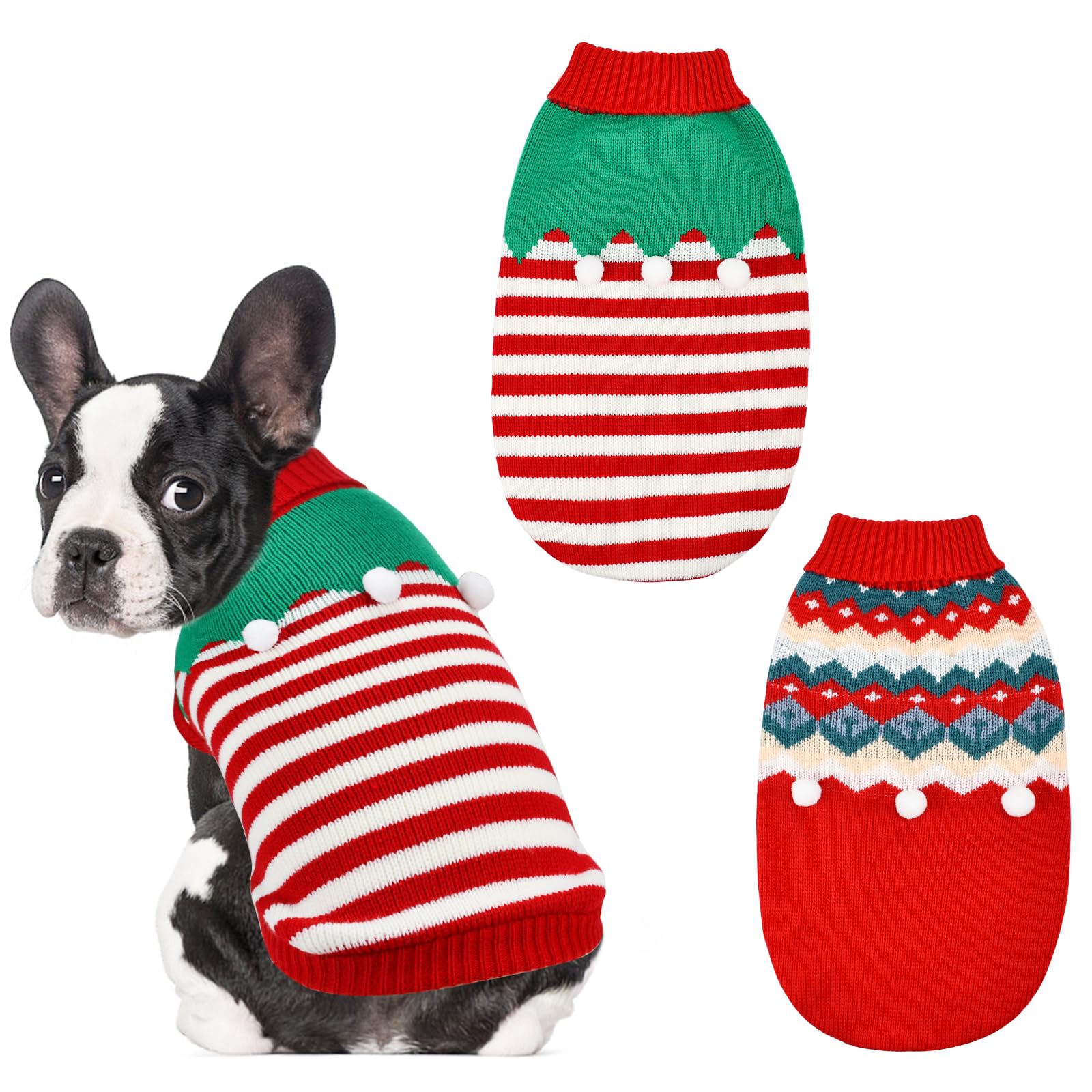 ShuRung 2PCS Puppy Christmas Sweater Cat Turtleneck Knitwear Xmas Elf Outfits Dog Warm Clothes Sweater for Kitties Puppies XXL