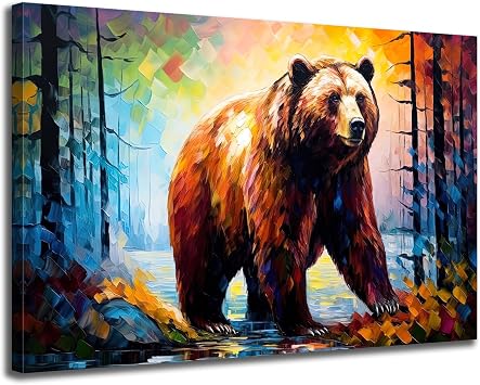 GLOKAKA Animal Oil Painting On Canvas Wall Art Abstract Colorful Animal Bear in the forest Wall Decor Print Picture for Living Room Bathroom Bedroom Home Office