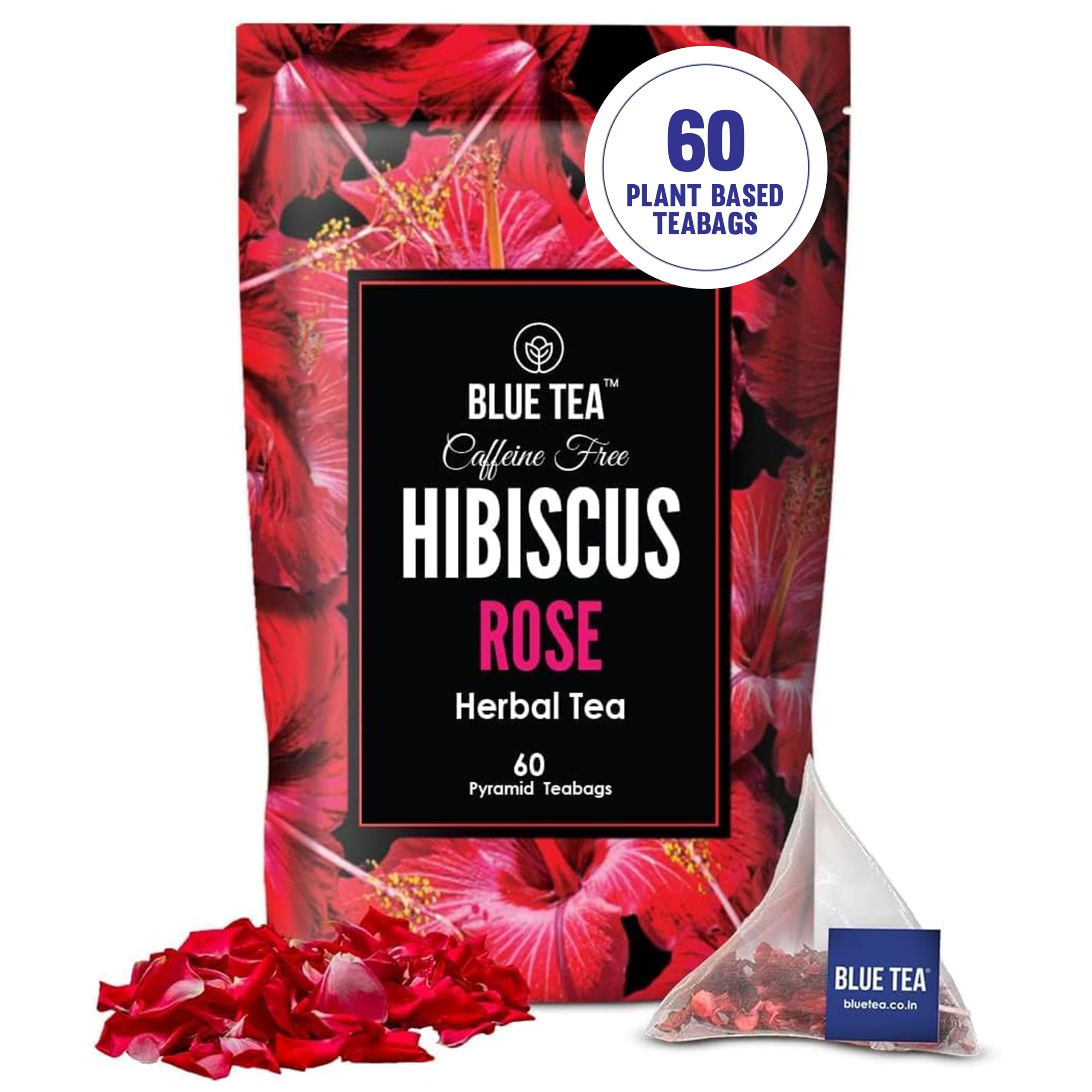 BLUE TEA - Hibiscus Tea - 60 Count - Rose - Pyramid Plant Based Tea Bag | Skin Glow Enhancing Tea - Vitamin-C Rich | Caffeine Free - Flower Based -