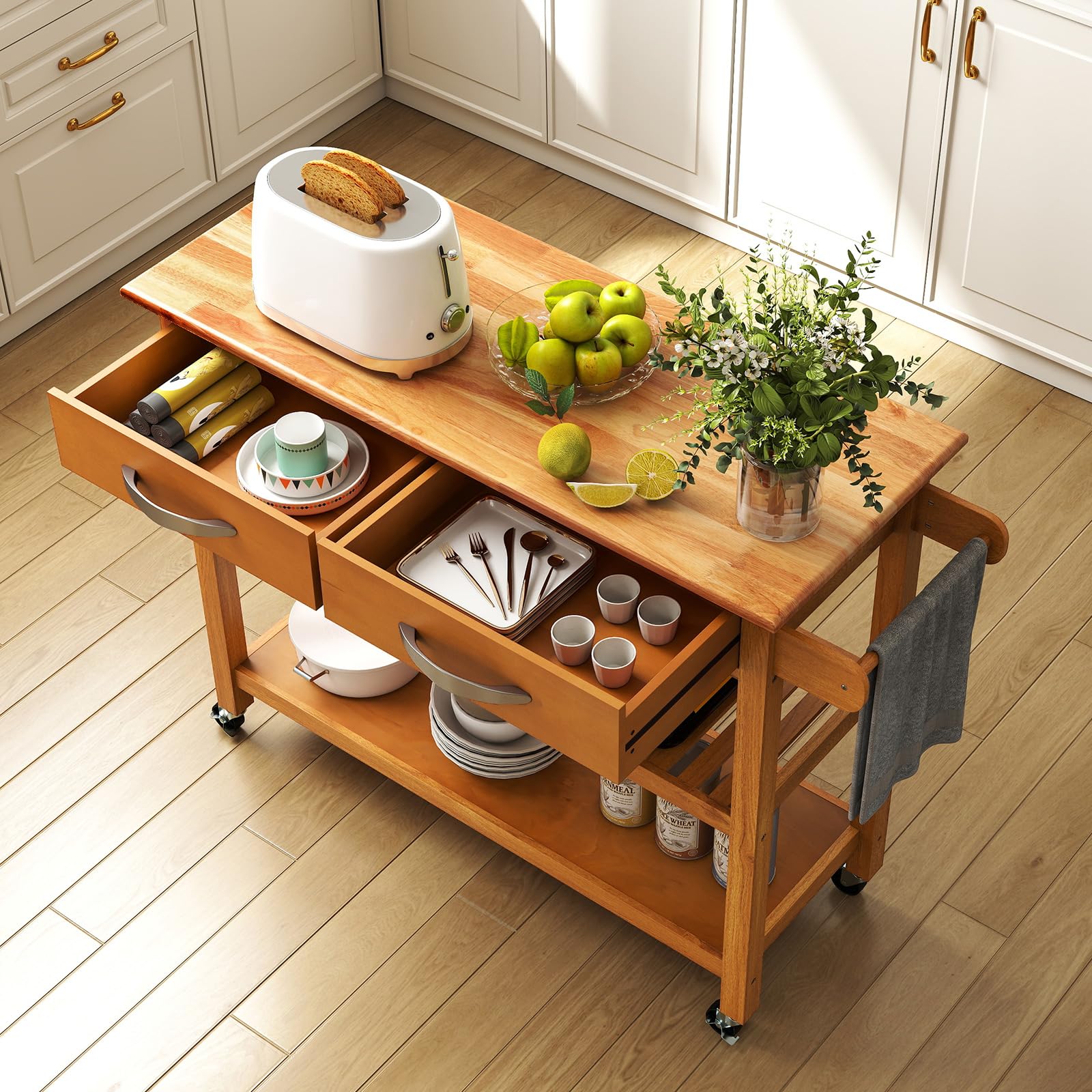 COSTWAY Isla de Cocina con Almacenamiento, Carrito Auxiliar de 3 Niveles con 4 Ruedas, con Encimera de Madera, 2 Cajones, 2 Estantes Abiertos y Asa Lateral, Carro de Servicio para Comedor (Natural)