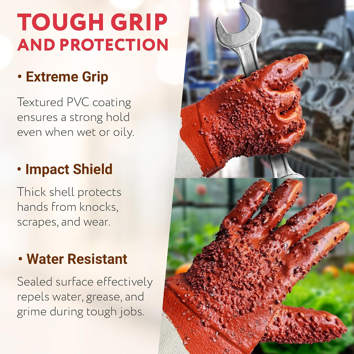ABC PACK & SUPPLY Rubber Coated PVC Work Gloves, Men’s Size, Waterproof Heavy Duty Work Gloves, Dark Red