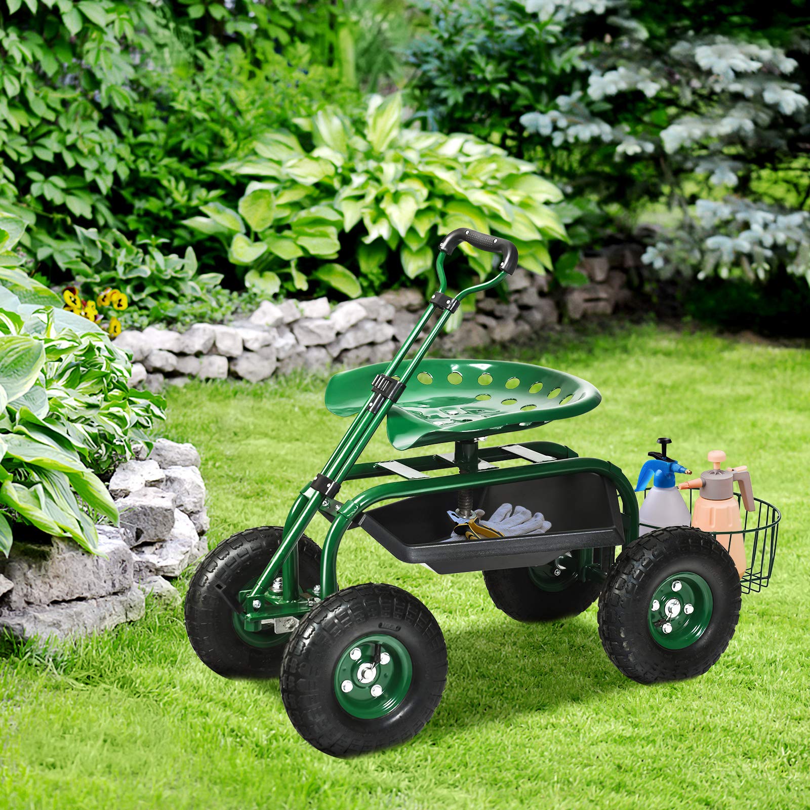 GOPLUS Siège de Jardin Roulant avec 2 Plateau à Outils, Poignée Ronde Extensible, Panier de Rangement, Siège Hauteur Réglable 45,5-54,5cm avec 4 Roues en Caoutchouc, Vert (avec Poignée)