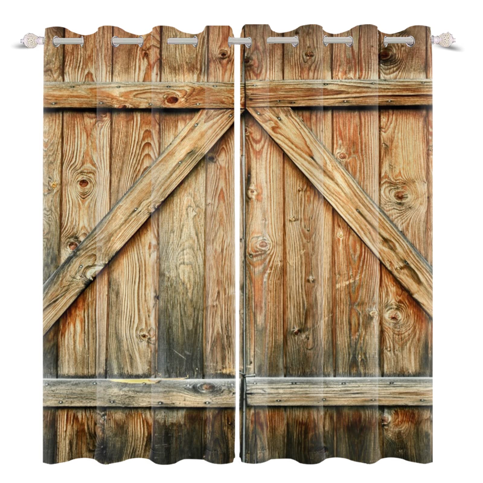 107x215cm Rideaux de fenêtre en Bois de Campagne Rustique en Bois Marron Porte de Grange Rideaux Ferme Occidentale Traitement fenêtre pour Salon Chambre décor Rideau occultant, 2 Panneaux