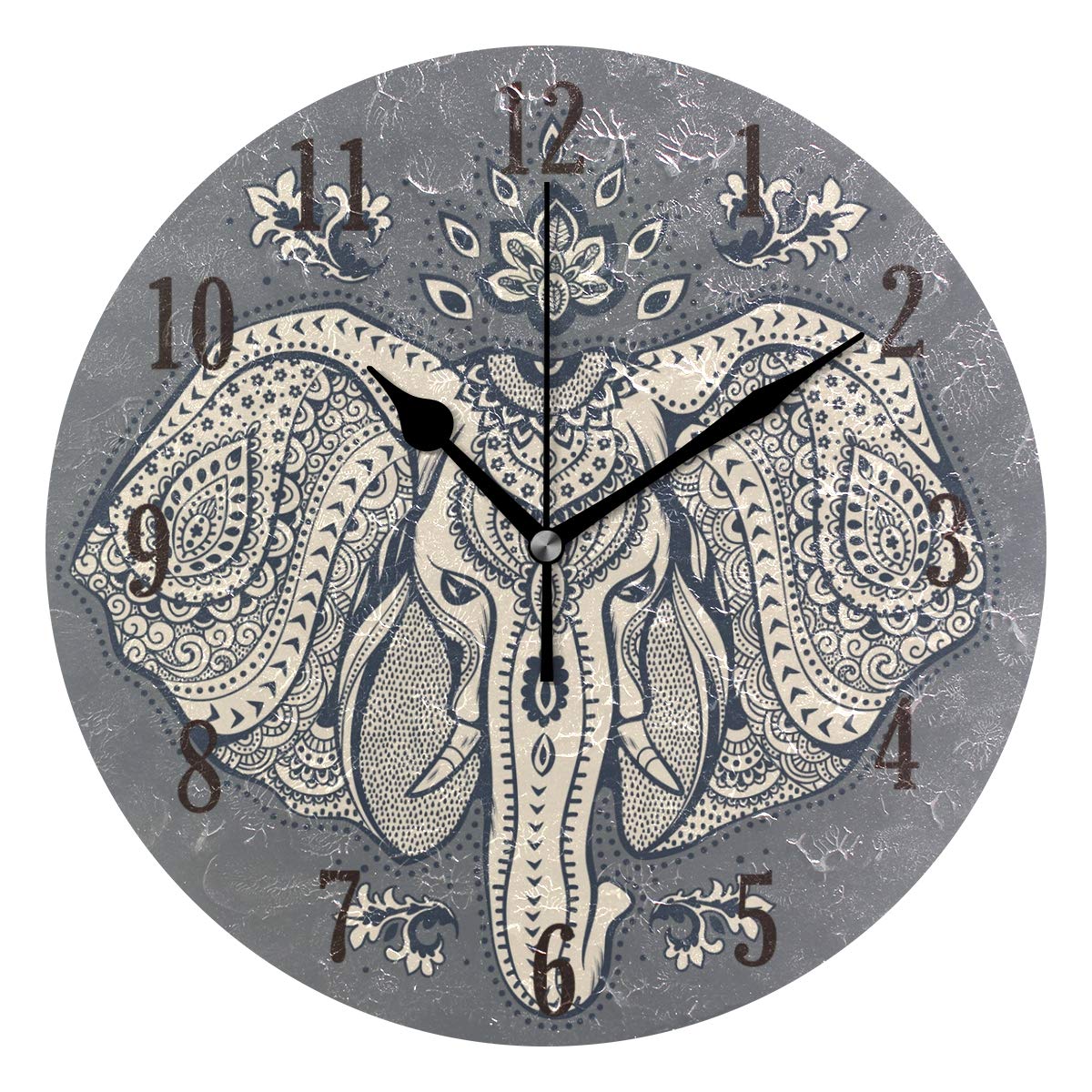 Mnsruu Multicolor Round Bohemian Style Elephant Design Wall Clock Silent Non Ticking Operated Accurate Sweep Movement,Decorative For Living Room, Bedroom, Office