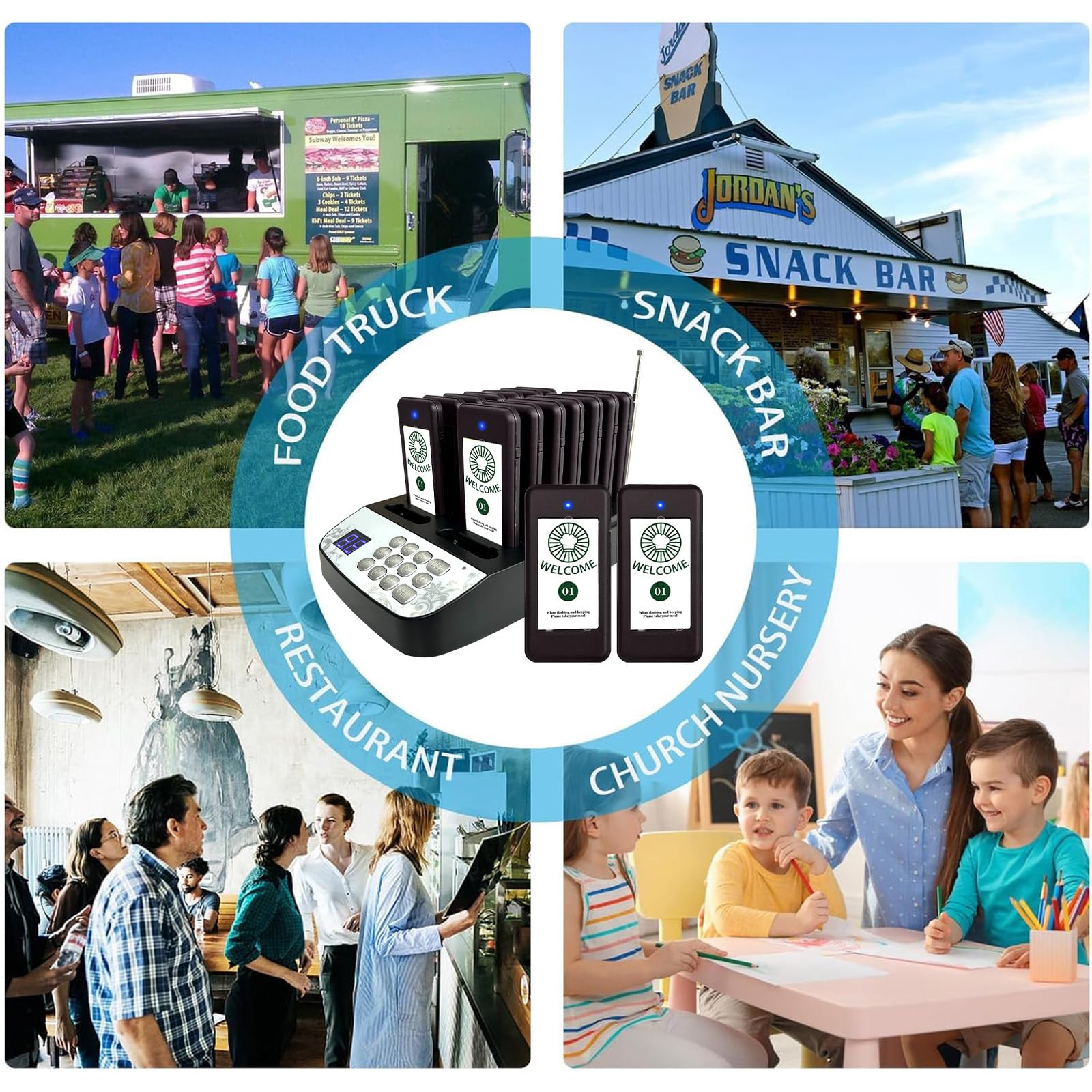 Pager Rufsystem, 500M Restaurant Pager System, 16 Pager und Summer mit Vibrations-, Blink- und Piepton-Alarmen für Restaurants, Imbisswagen, Kirchenkindergärten, Cafés