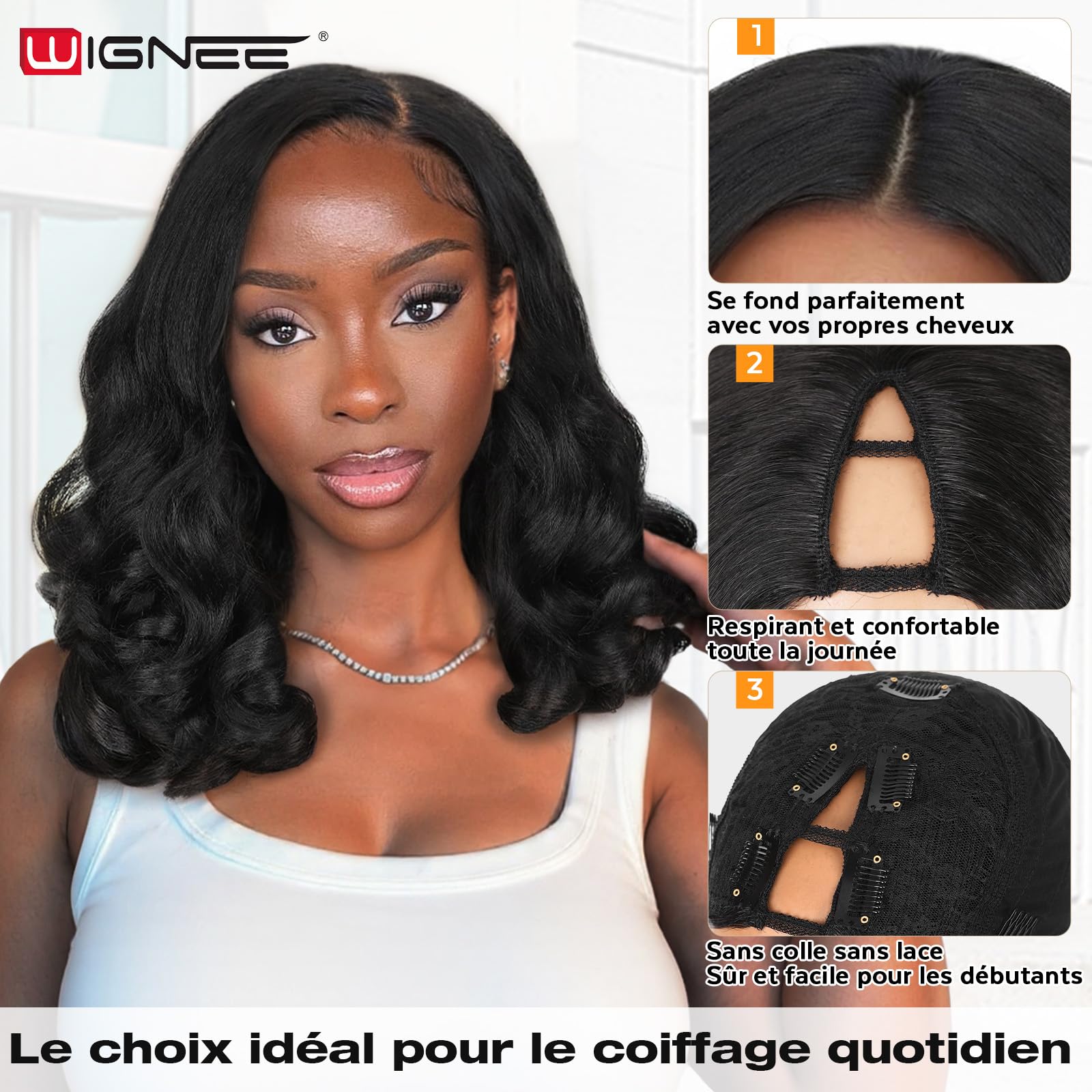 WIGNEE Perruque V Part Bouclée 46 cm – Yaki Synthétique Résistante à la Chaleur, Noir Naturel, Demi-Perruque Légère, Mélange Invisible pour Usage Quotidien