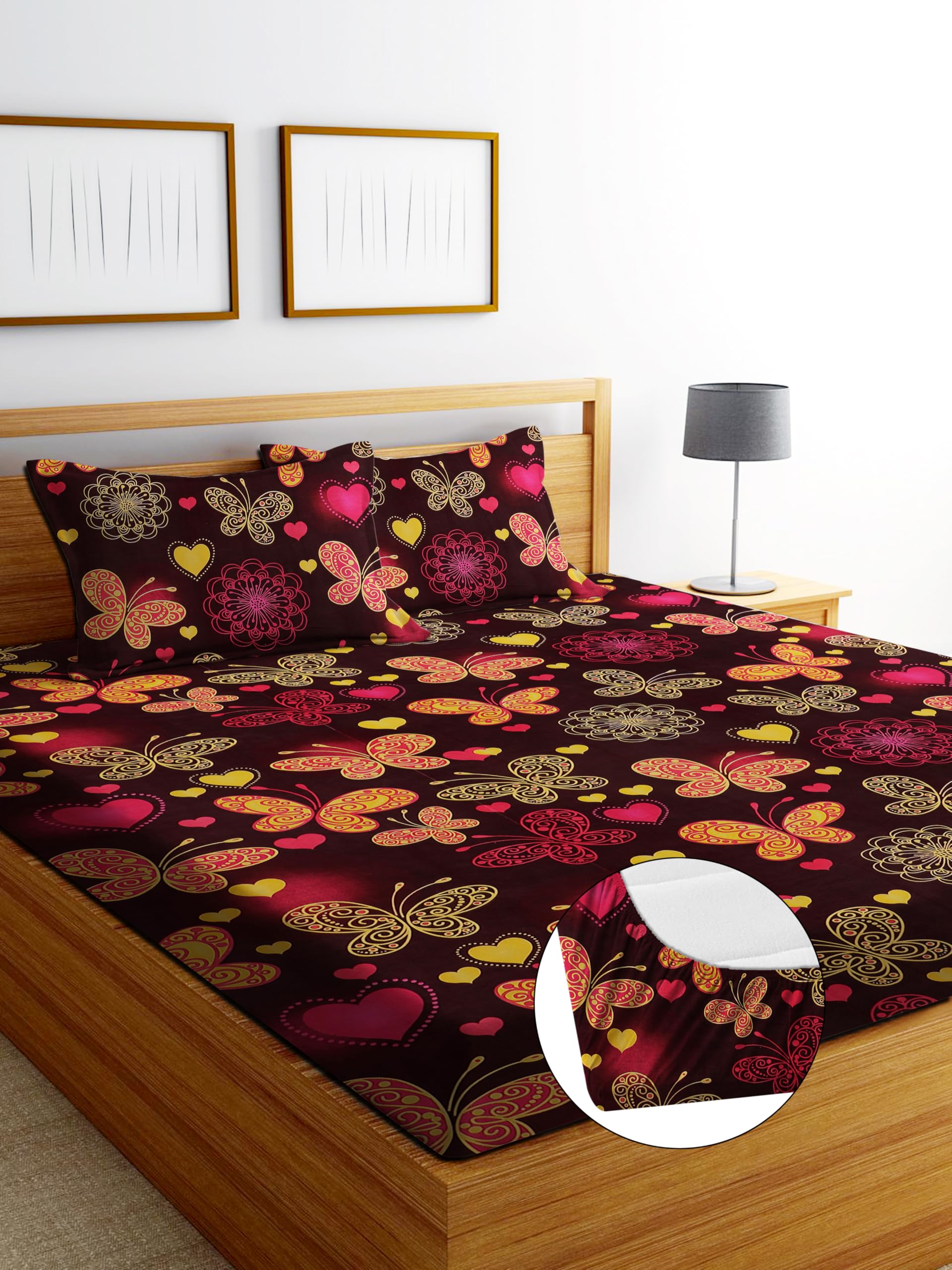 DECORUM Glace Cotton Fitted 1 Bedsheet King Size (72"x78") | All Around Elastic | Cotton Feel | 2 Pillow Covers (17"x27") | Fits Up to 8" Mattress | 200-220 TC | Printed Double Bed Sheet Set