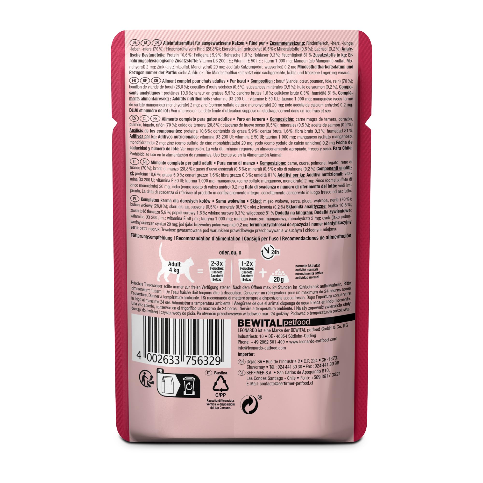 LEONARDO pâtée pour Chat bœuf Pur, 2×16 sachets 85 g, sans céréales
