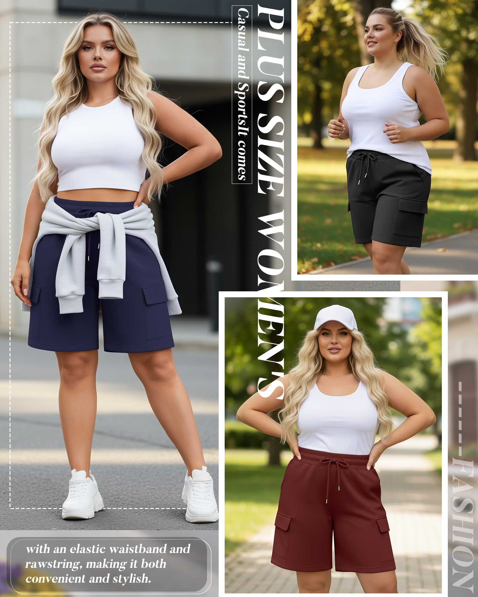 Neer Paquete de 3 bermudas para mujer, talla grande, pantalones cortos cargo hasta la rodilla, casuales, largos, sueltos, atléticos, para yoga, con bolsillos