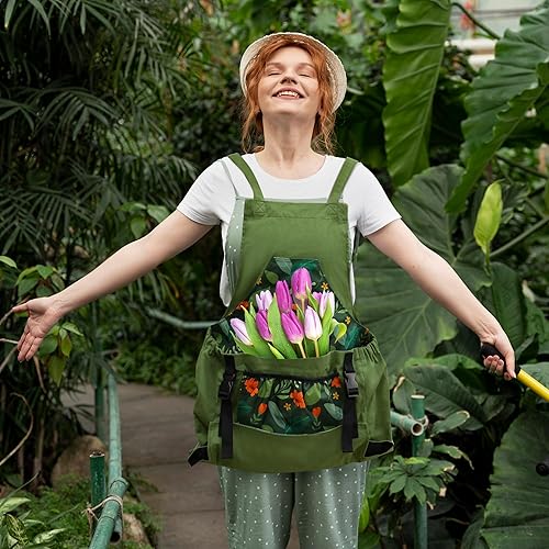 Miniatura 8 de Delantal de jardinería con bolsillos de liberación rápida para mujeres y hombres, bolsa de recolección resistente al agua, Verde