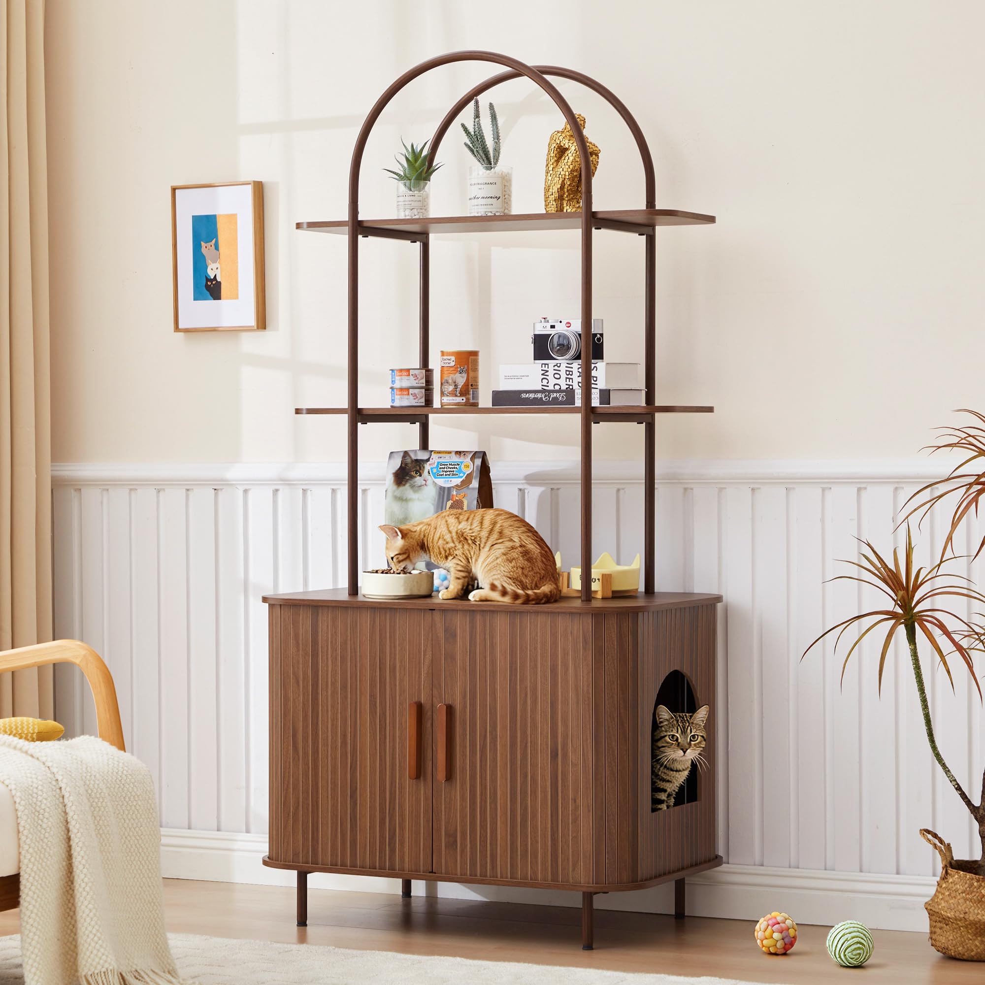 62" Sliding Door Hidden Cat Litter Box Enclosure with Shelves