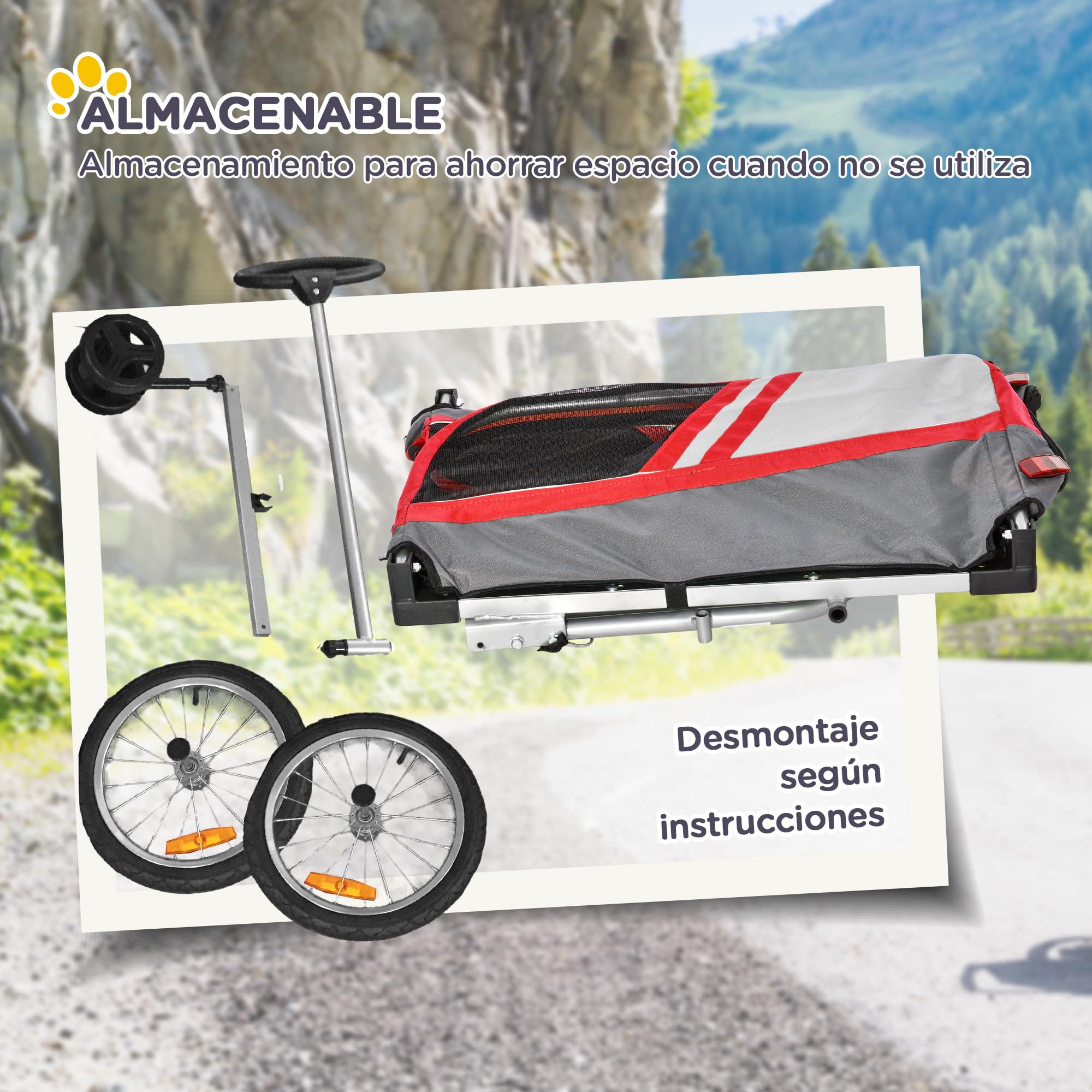 PawHut Remolque de Bicicleta para Perros 2 en 1 Carrito para Mascotas con Enganche Cubierta Enrollable Cinturón de Seguridad Bandera y Reflectores 130x64x97 cm