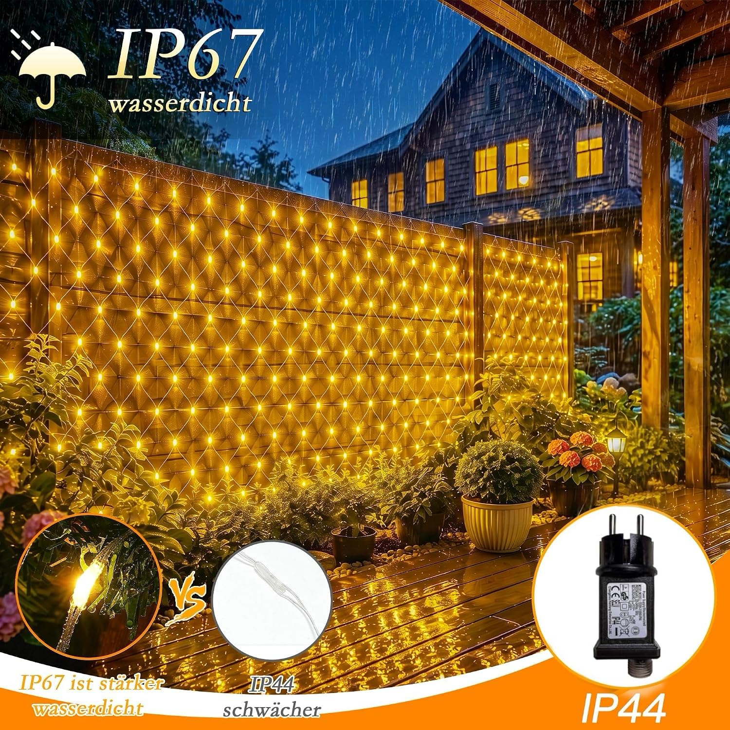 LED Lichternetz Außen + LED Lichterkette Auße, 200 LEDs Lichternetz 3x2m Warmweiß 400 LEDs Lichterkette 40M Warmweiß mit Fernbedienung, Timer 8 Modi, Wasserdicht für Garten Terrasse Weihnachten Party