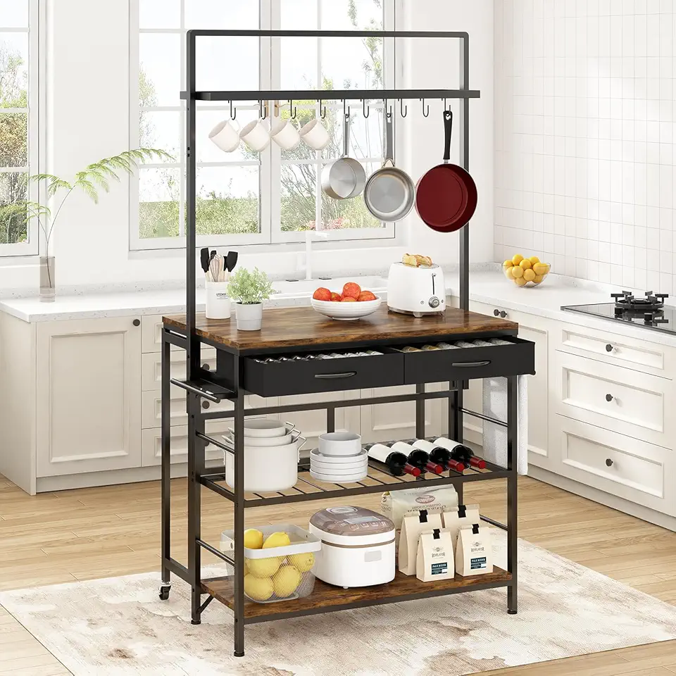 Balcão de Cozinha Dobrável com Prateleira, Ilha de Cozinha com Gaveta, Ganchos e Armazenamento Multinível Balcão Compacto para Ambientes Culinários, Marrom