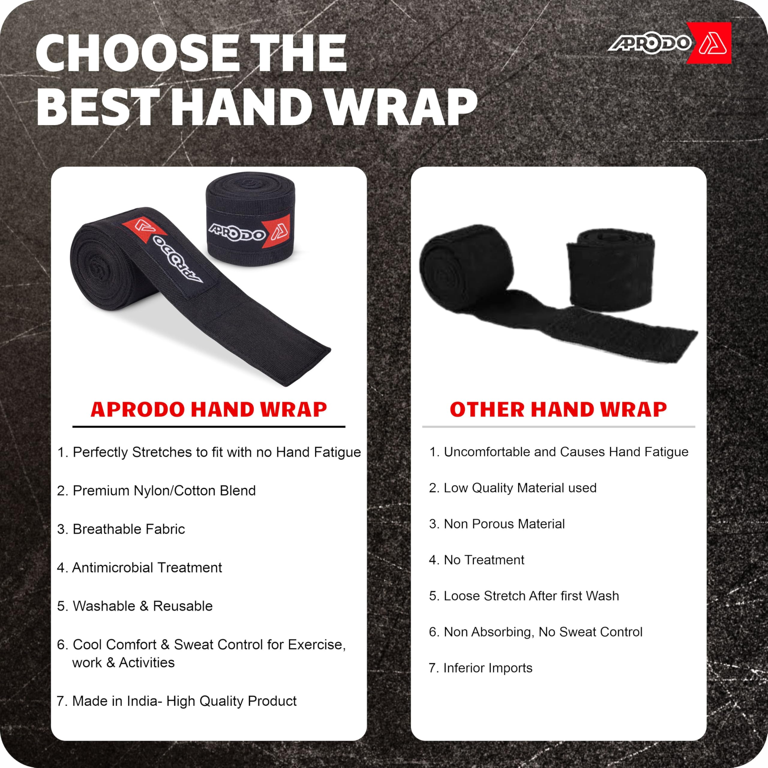 APRODO Boxing Hand Wraps Perfect Spandex Elastic Stretch for Men & Women (Black, (180") 4.50m) 4