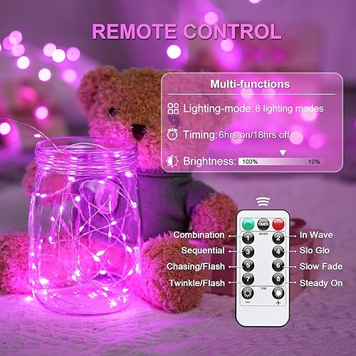 Miniatura 5 de JMEXSUSS Paquete de 2 200 luces LED de hadas rosas que funcionan con pilas luces de San Valentín de 33 pies con control remoto 8 modos de luces