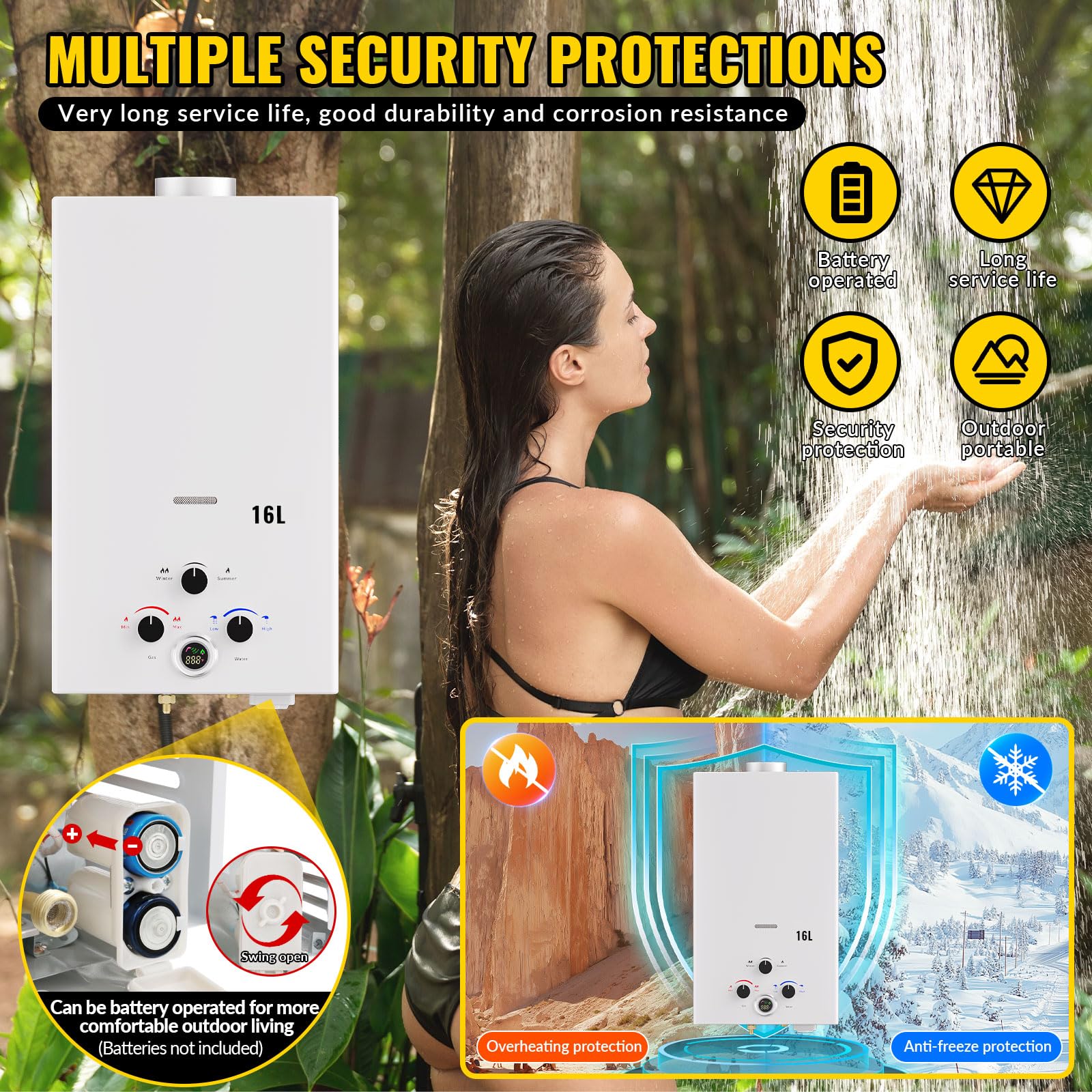 Scaldabagno a Gas GPL 16L Istantaneo Portatile da Esterno Senza Serbatoio, Montaggio a Parete. Modalità inverno/estate, Display Digitale, Molteplici Dispositivi di Sicurezza, Classe Energetica A
