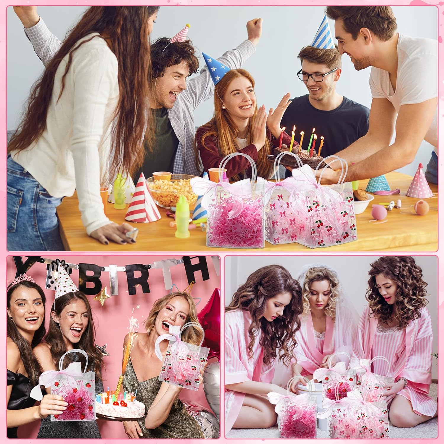 Kolldenn 48 Pcs Pink Bow Strawberry Cherry Gift Bags with Handle Ribbon Reusable Clear PVC Coquette Fruit Goodies Treats Totes Bulk for Christmas Birthday Baby Shower, 5.9 x 6.3 x 2.8 Inch - Image 7