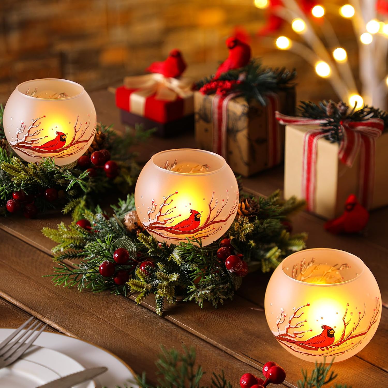 3 Pcs Christmas Cardinal Votive Candle Holder Red Bird Tealight Candle Holder Red Cardinal Memorial Gift for Loss Glass Xmas Desk Decor Sympathy Bereavement Gift (Only Applicable to LED Candles)
