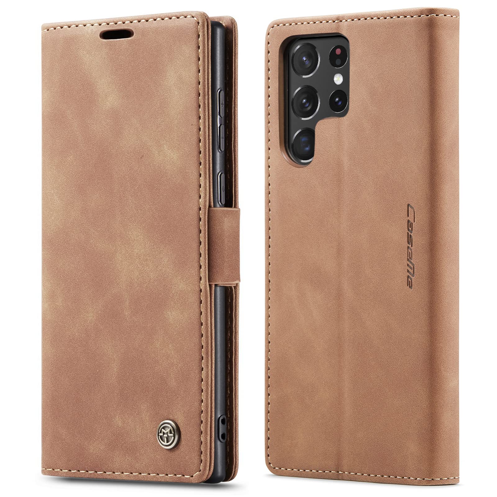 SINIANL Galaxy S22 Ultra Leather Wallet Case, Flip Folio with Magnetic Kickstand, Card Slots - Brown