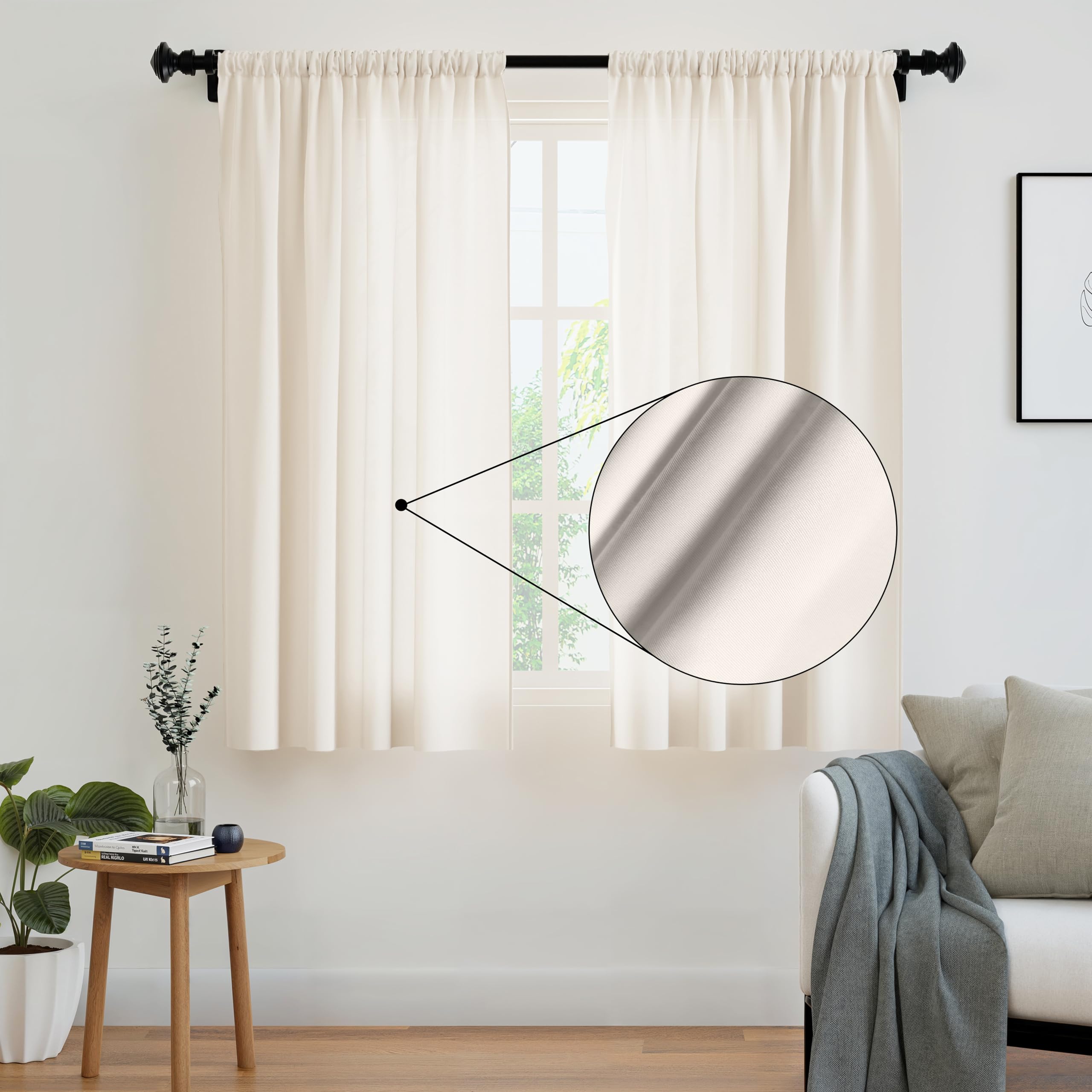 Encasa Homes Cortinas sólidas de poliéster con Atado, 140x137 cm Window Juego de Paneles de 2 - Poli de Crema, Bolsillo de Vara, Filtro de luz, Cortinas para Puerta, Dormitorio, Sala de Estar
