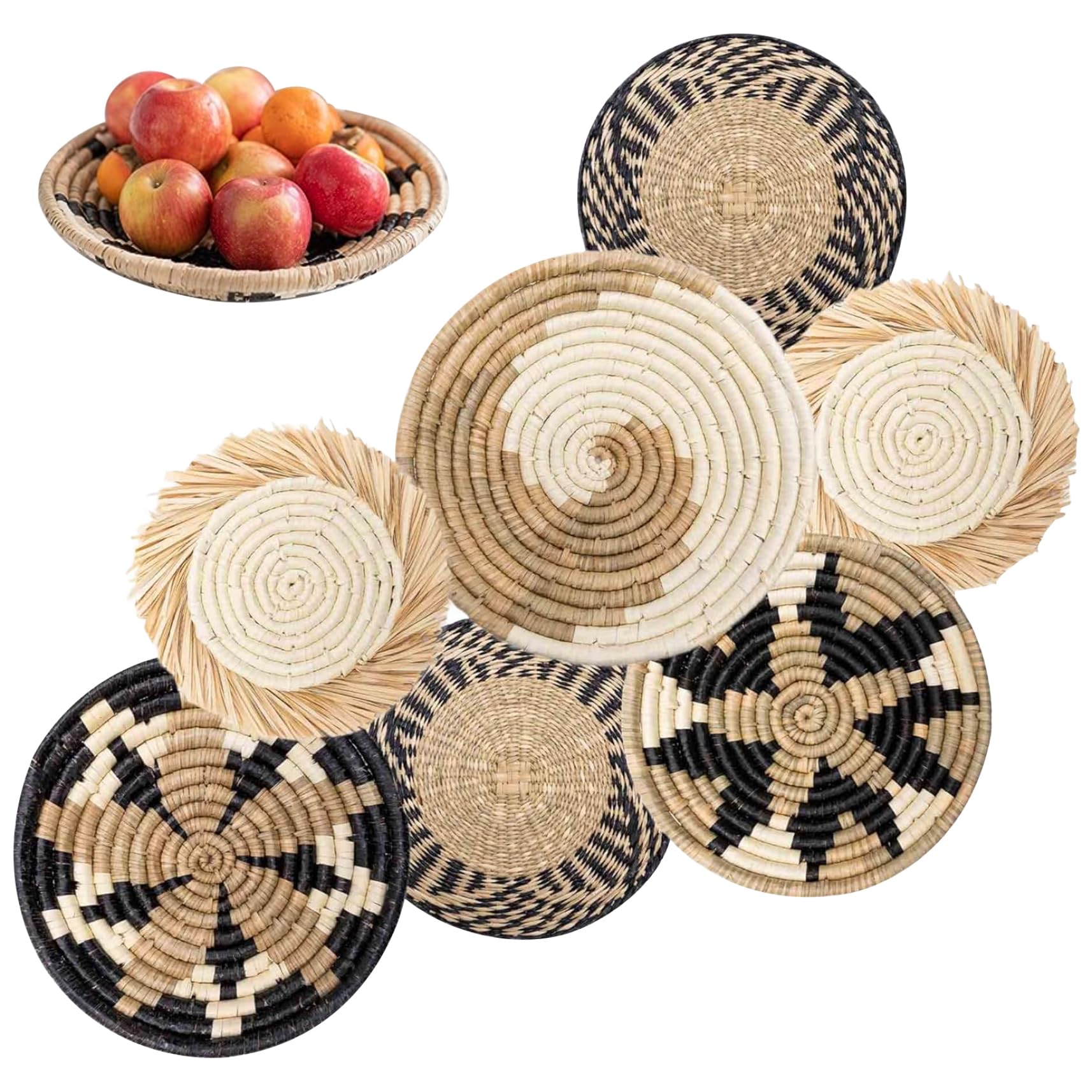 NASSMOSSE Wallkorbdekoration Set, 7pcs gewebte Korbkörbe von Weiden, rustikales Bauernhaus Wanddekor, Schlafzimmer und Wohnzimmer Wandhängekörbe