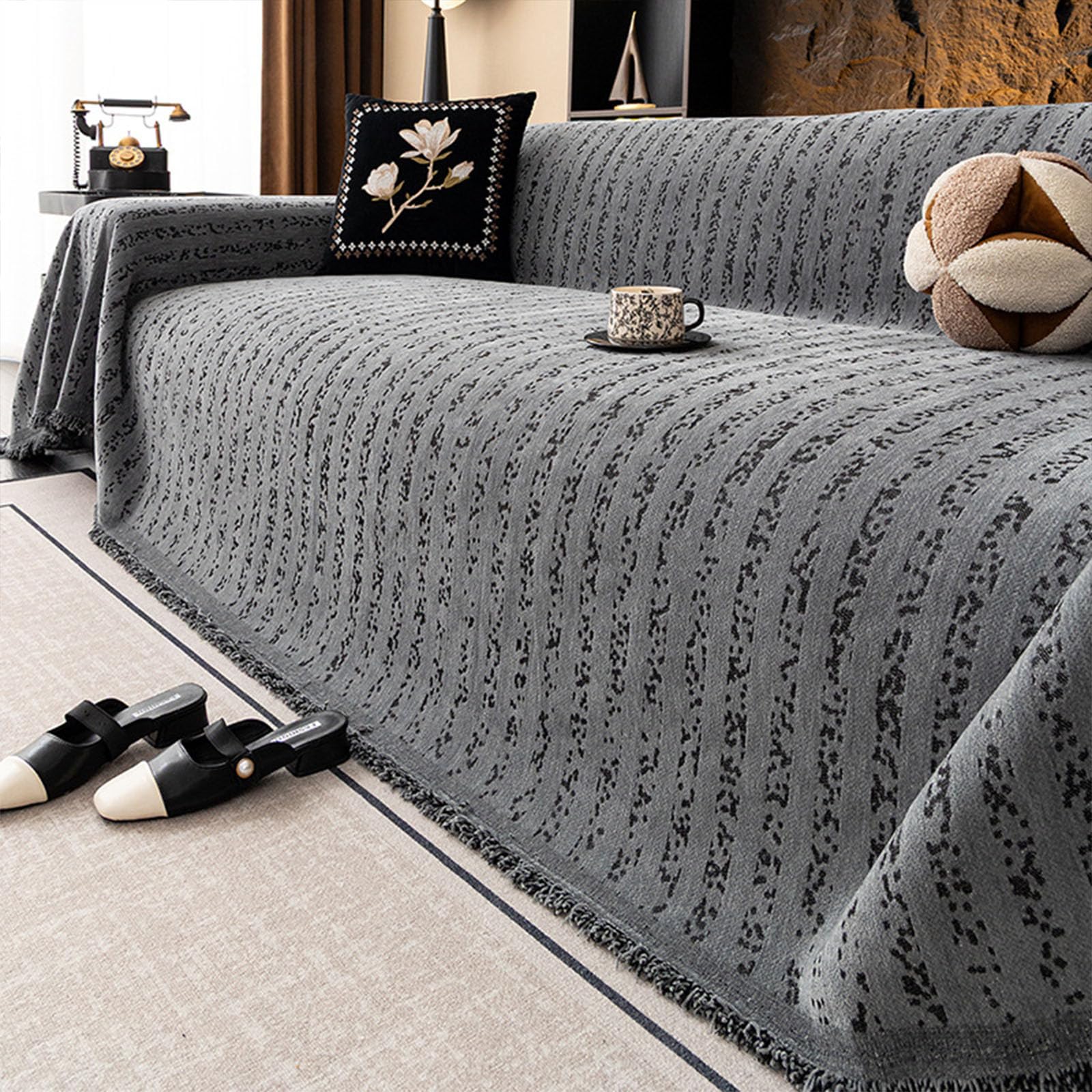 Couverture de canapé en chenille de qualité supérieure, jeté de canapé rayé gris 180x460