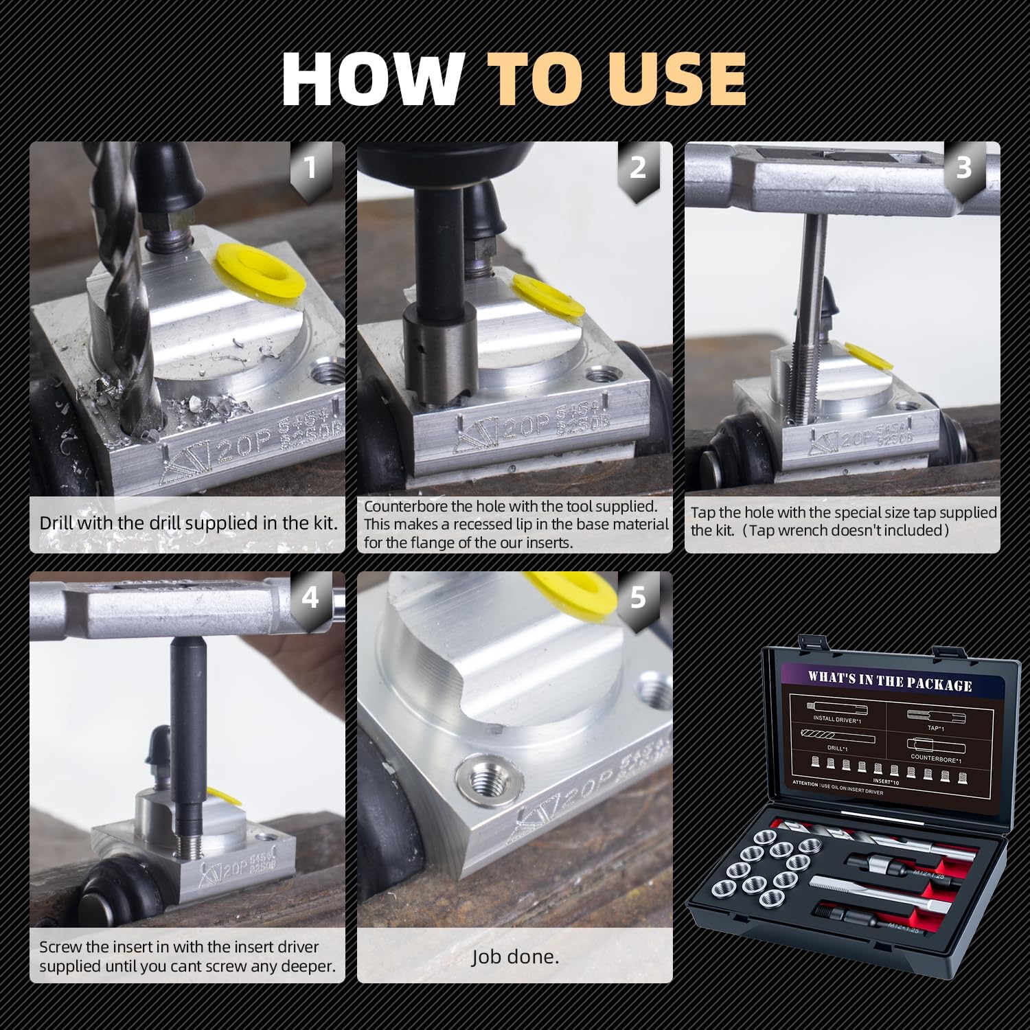 M12x1.25 Thread Repair Kit with Insert HSS Drill, Tap, Counterbore, Installation Driver, Metric, 10PCS Stainless Steel Insert M12X1.25X15MM