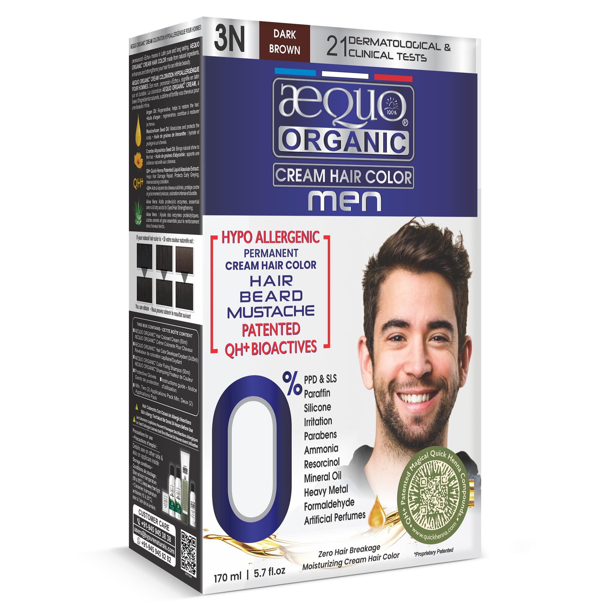 Cream Hair Conditioning Colour With QH+ Water | Natural, 100% Grey Coverage, PPD & Ammonia Free| Hair, Beard & Moustache Color For Men | 3N Dark Brown, 170ml, Pack Of 1