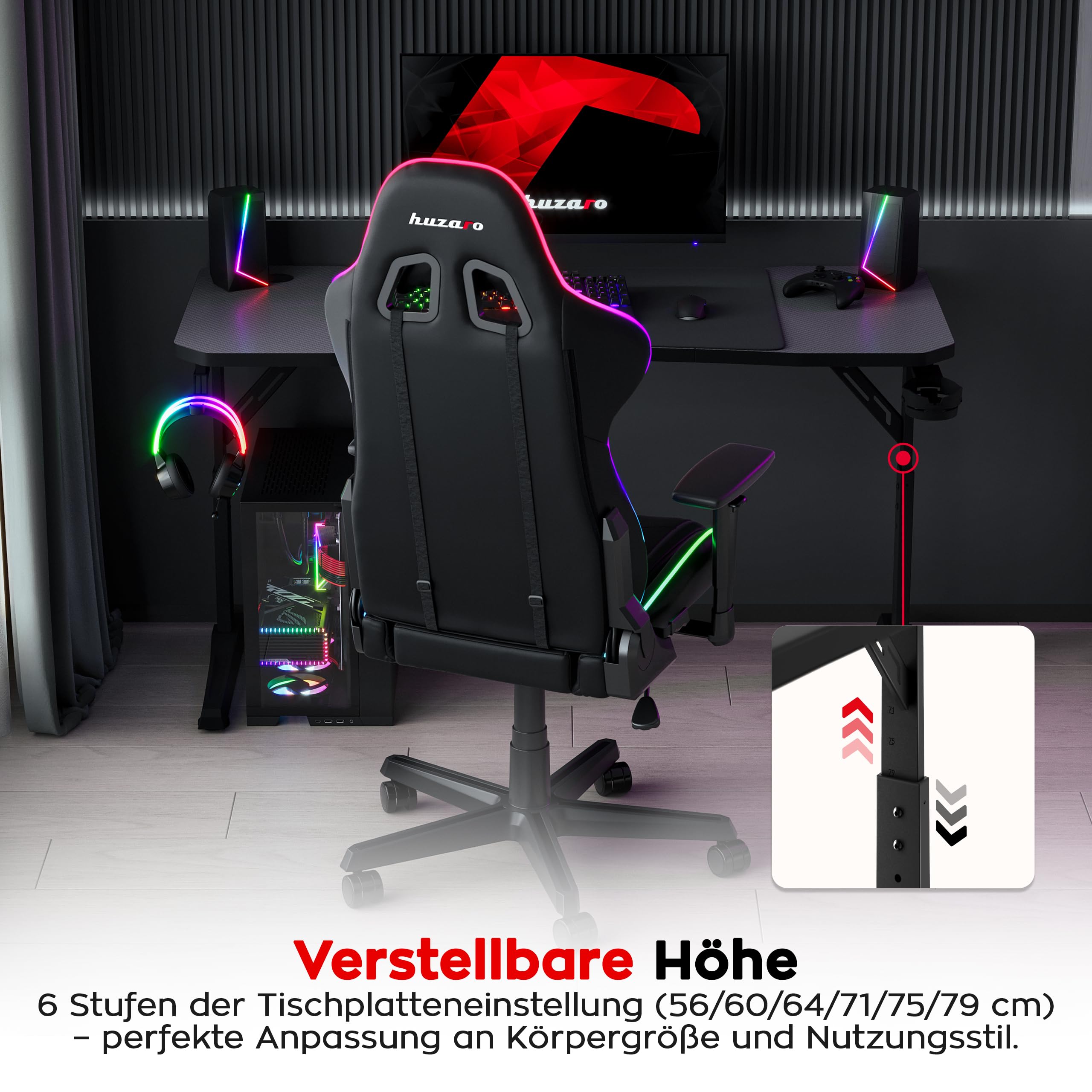 huzaro Hero 3.6 biurko gamingowe, regulowane w wysokości, biurko LED do PC 140×60 cm z powierzchnią z włókna węglowego, XXL podkładka pod mysz, zaczep na słuchawki i uchwyt na napoje, biurko dla