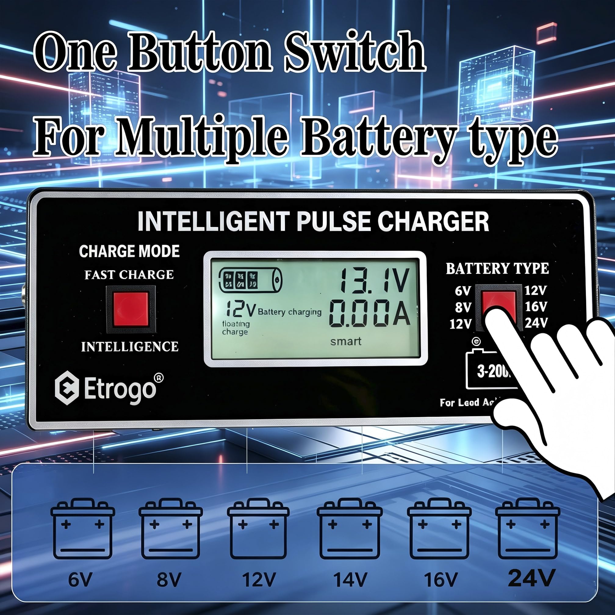 Etrogo Ładowarka do akumulatora samochodowego, inteligentna ładowarka pulsacyjna 6 V/8 V/12 V/14 V/16 V/24 V 250 W 10 A z automatycznym wykrywaniem, naprawą, funkcją konserwacji