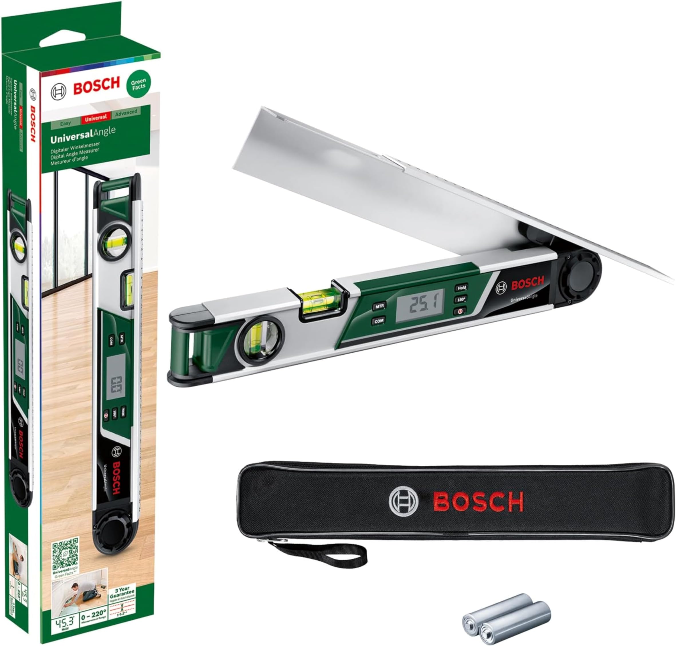 Bosch Digital Angle Finder UniversalAngle (Measure and Transfer Angles up to 220° Precisely, with Integrated Calculation Function for mitre Angles, in E-Commerce Cardboard Box)