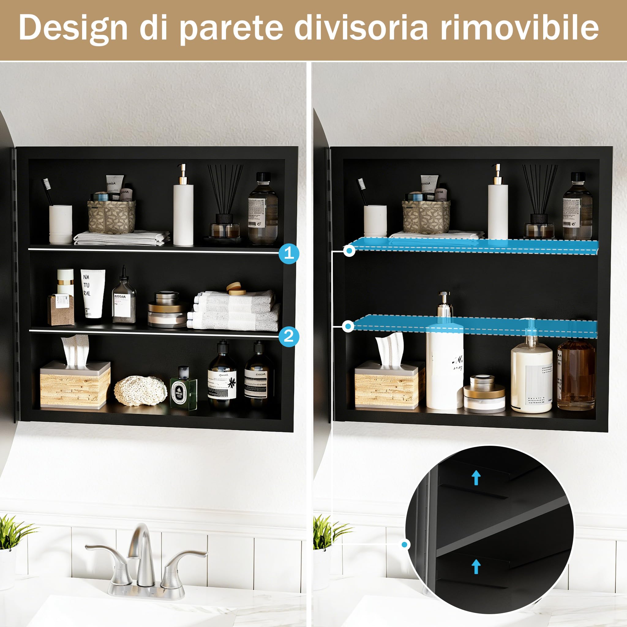 Specchio Bagno Contenitore Rotonda Armadietto Bagno a Parete in Metallo con 2 Mensola Nero (Nessun assemblaggio richiesto) 52 x 52 x 12.5 cm