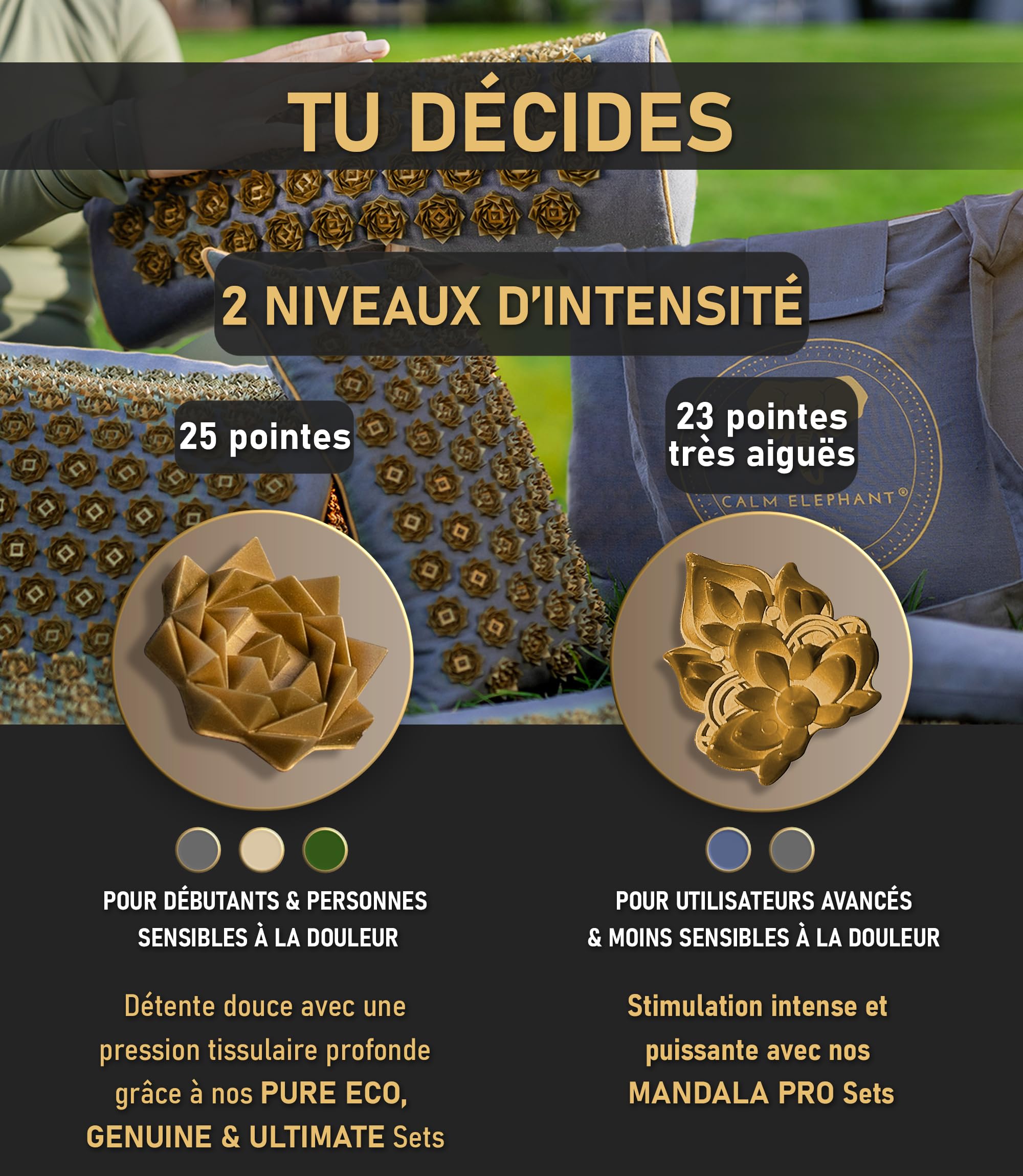 CALM ELEPHANT ORIGINAL XL Tapis Acupression PURE ECO et Coussin Ergonomique, Tapis Champ de Fleurs, Soulagement Dos, Cou & Épaules, Réflexologie, Anti-Stress, Méditation, fonction chauffante et sac