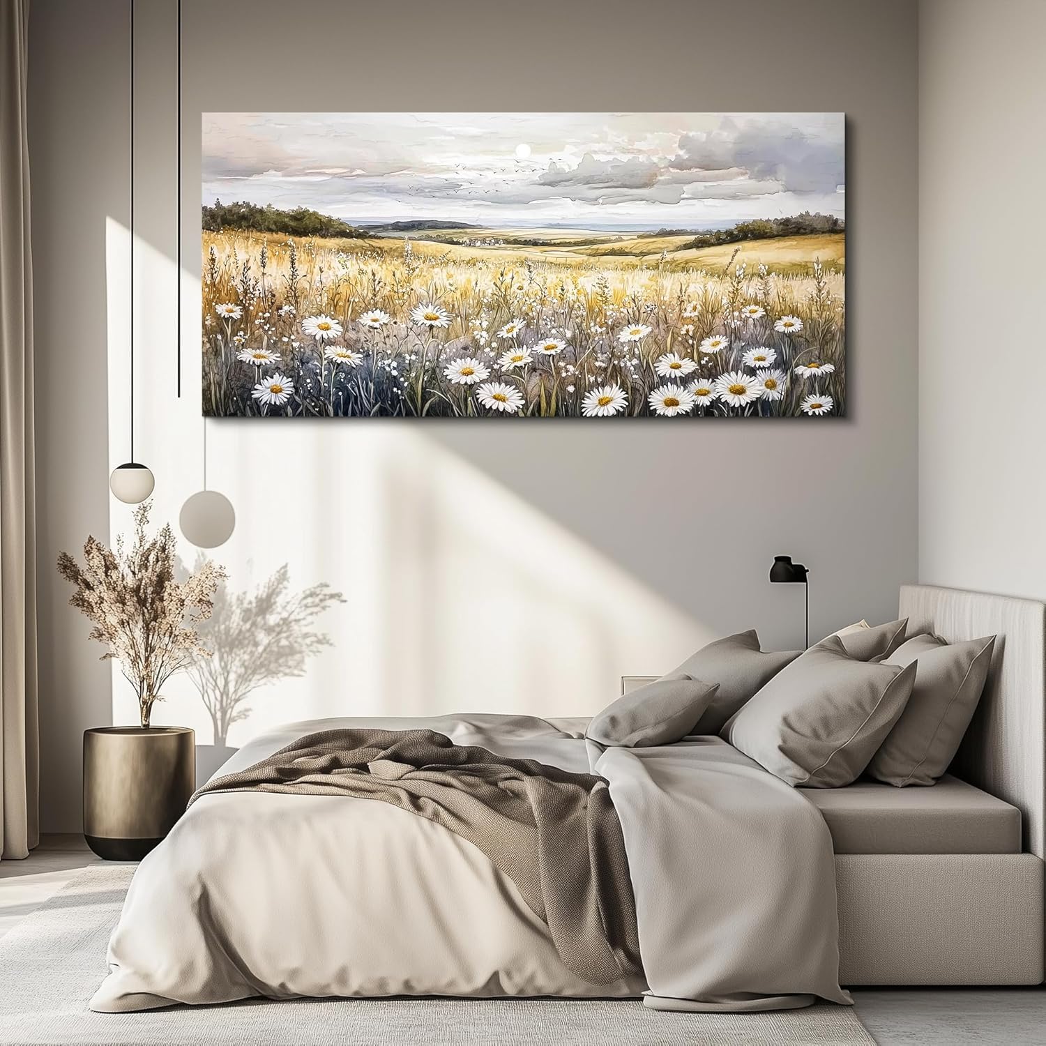 lianyibo Large Canvas Wall Art White Flower Landscape Picture Grassland Painting Artwork Aesthetic For Living Room Home Decor(60x120/Frameless)